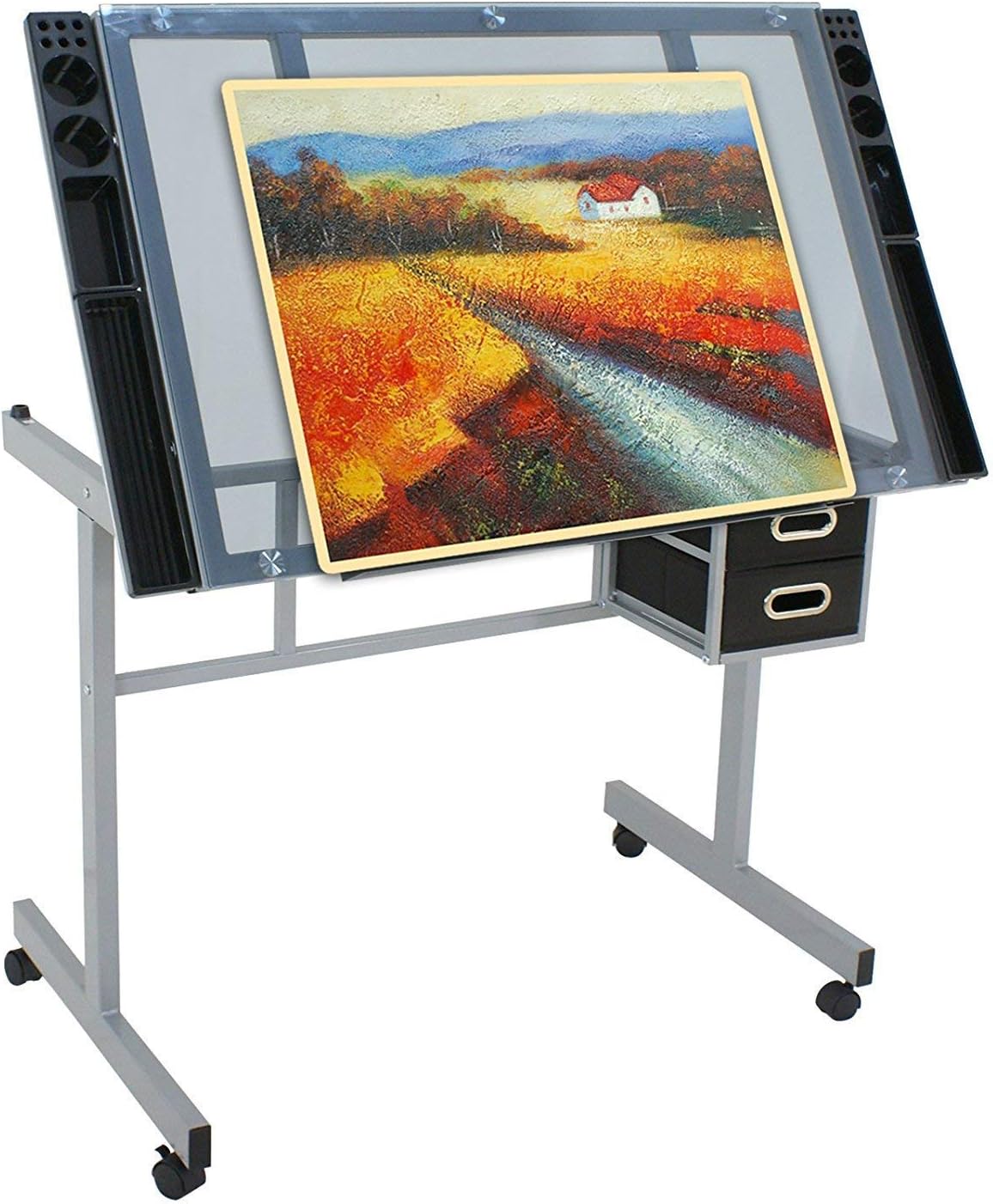 Adjustable Drafting Table Drawing Desk Art Craft Station Drafting Desk Glass Tabletop w/2 Slide Drawers and Wheels for Drawing, Sketching, Reading