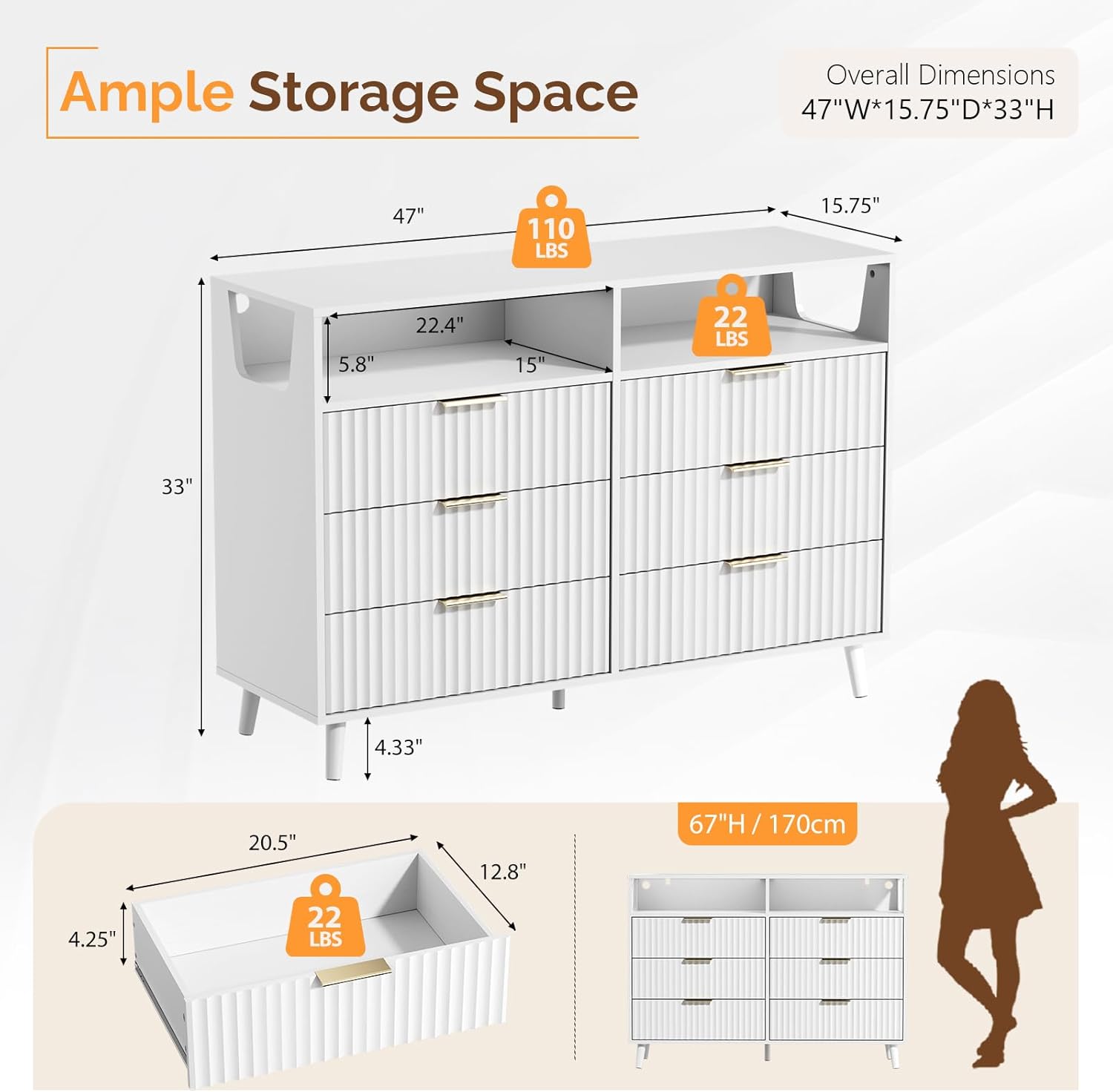 VINGLI Fluted Tall Dresser 5 Drawer, 23.66" W Chest of Drawers Gray Wood Dresser with Rounded Edges, Grey Dressers for Bedroom