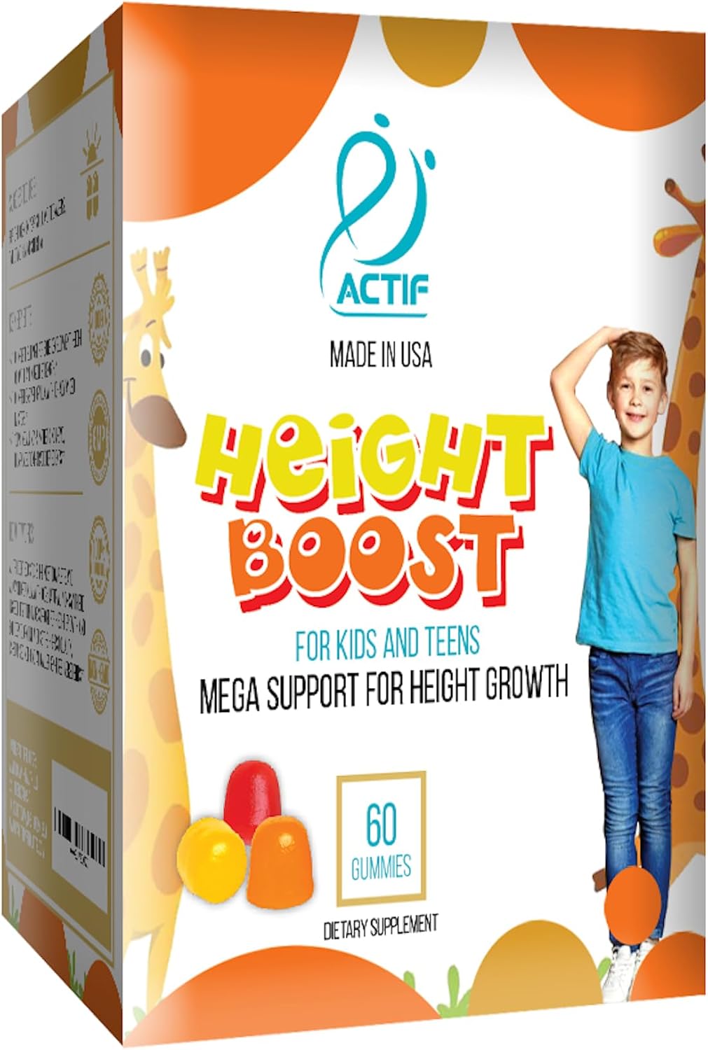 Actif Height Boost Mega Support for Height Growth with 10+ Factors, Height Supplement for Kids and Teens, 60 Gummies, Strawberry Flavor