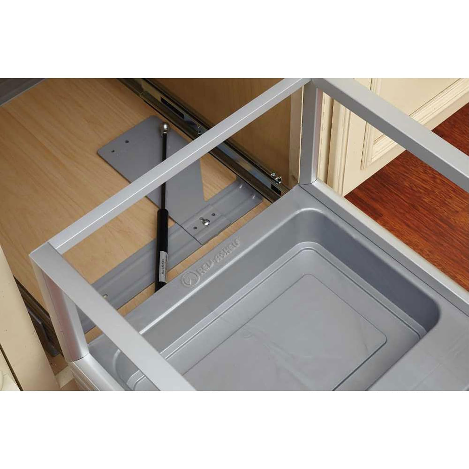 Rev-A-Shelf Double 50 Qt Pull Out Trash Can w/Soft-Close for Base Kitchen Cabinets, Min Opening Width of 15.75", Silver, 5149-2150DM-217