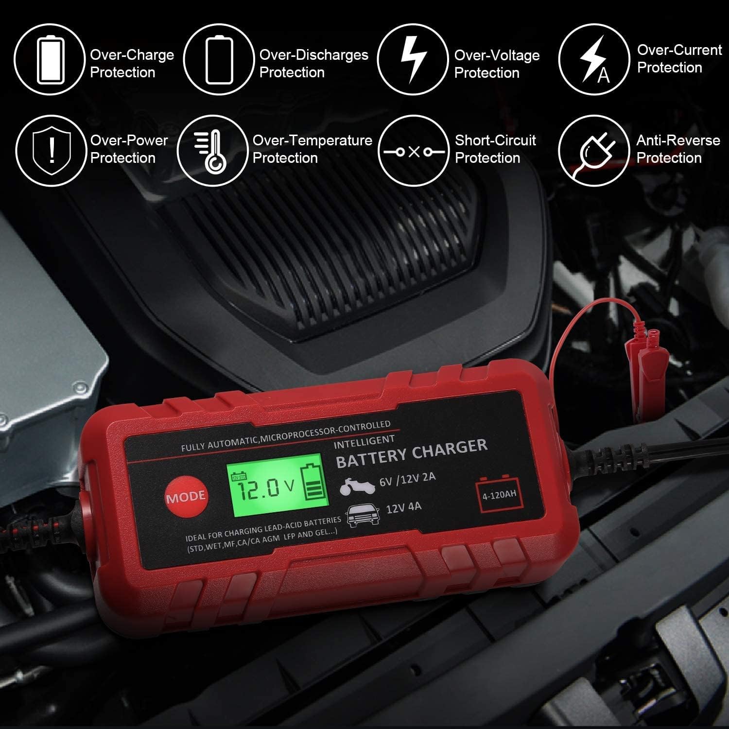 4A Smart Car Battery Charger, 6V 12V Automotive Charger Maintainer