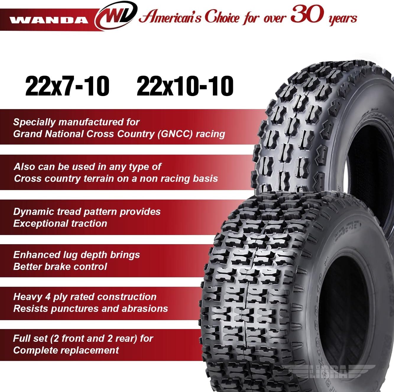 WANDA 4 Sport ATV Tires 22x7-10 Front 22x10-10 Rear 4PR