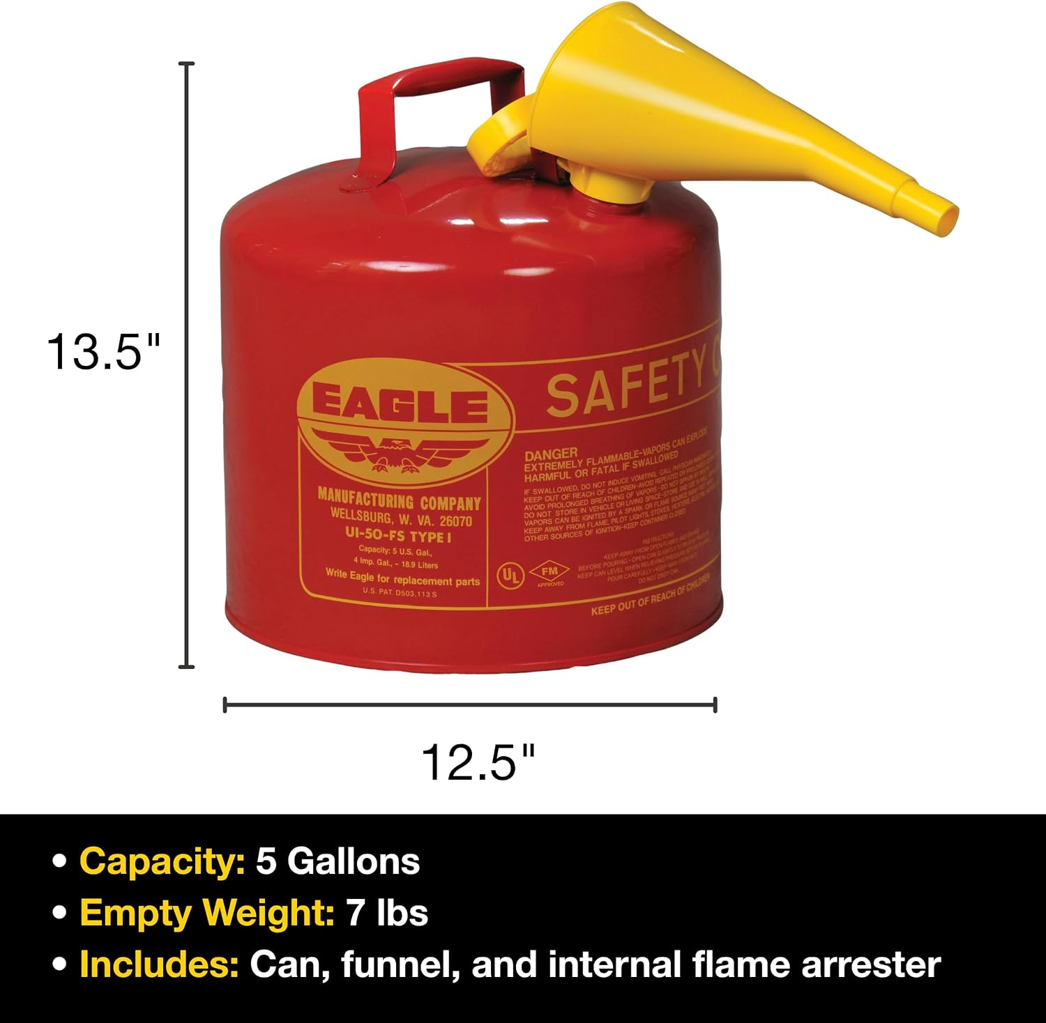 Eagle 5 Gallon Type I Red Safety Gas Can for Gasoline