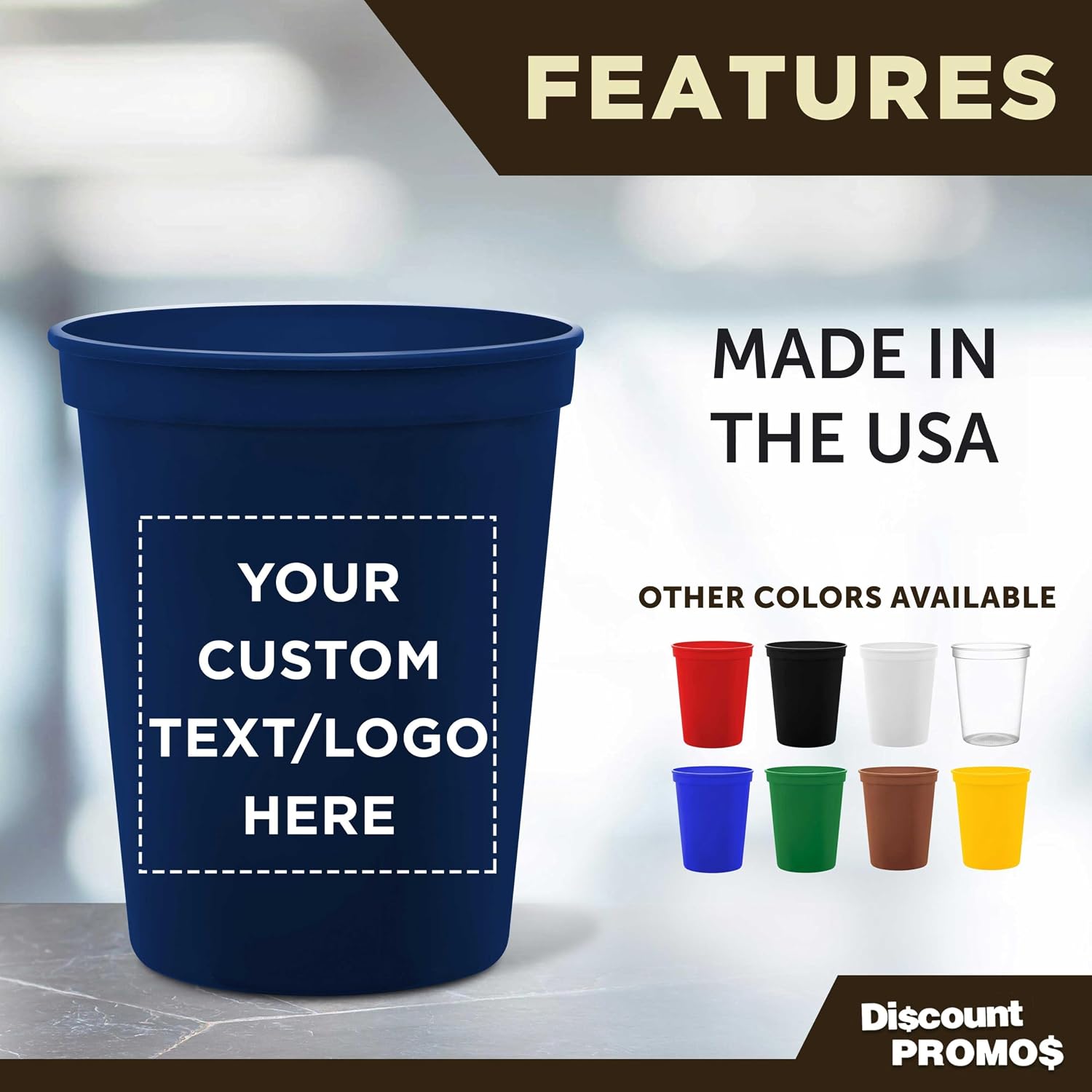 DISCOUNT PROMOS Custom Plastic Stadium Cups 16 oz. Set of 10/50/100, Personalized Bulk Pack - Perfect for Birthdays, Weddings, Picnic, Beach