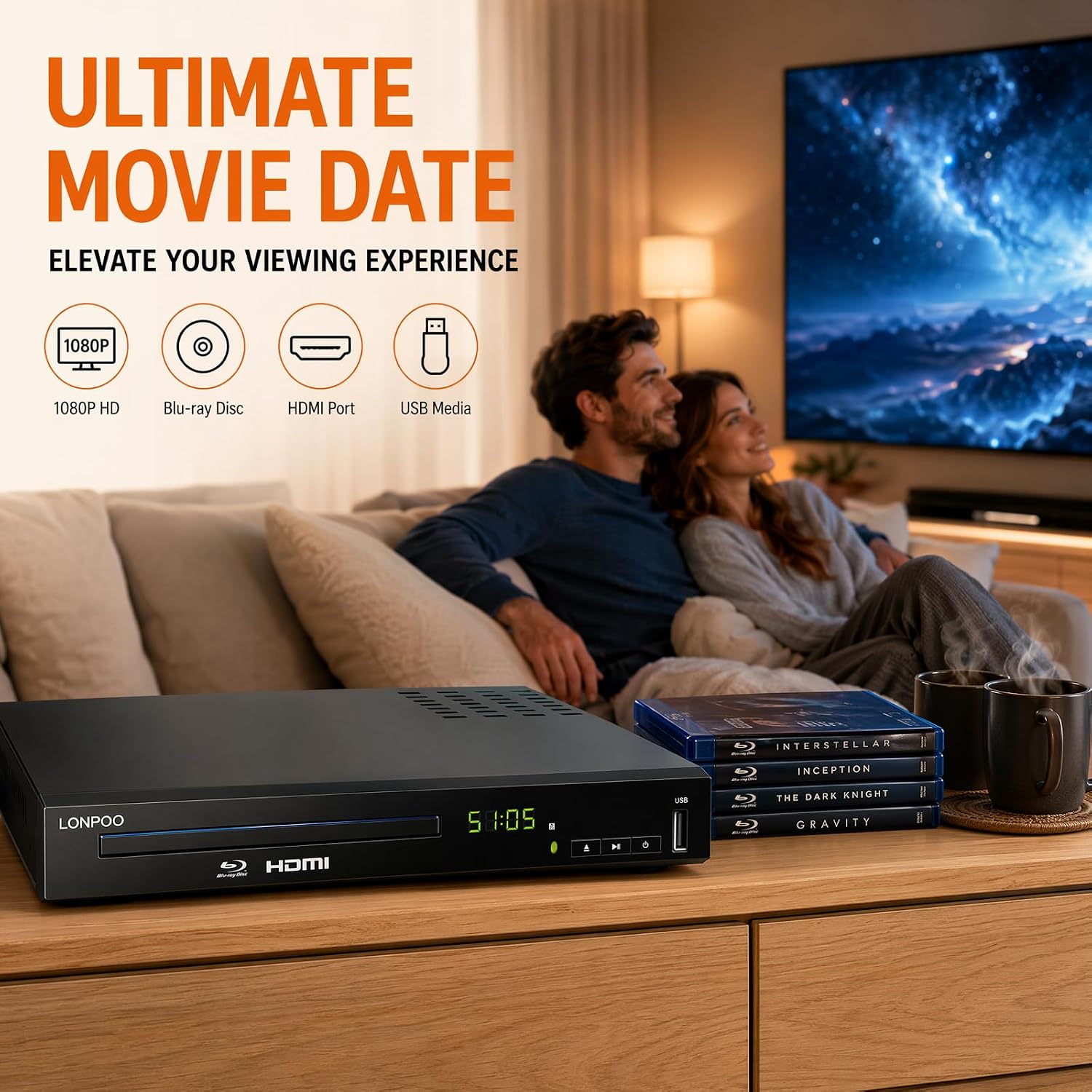 LONPOO LP-100 Blu-Ray Disc Player for TV 1080P DVD CD HDMI USB Upscaling