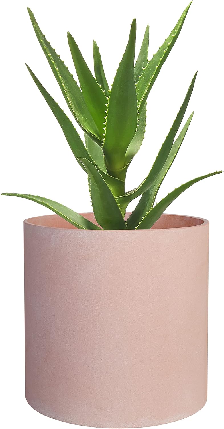FaithLand 14 Inch Fiberstone Planter - Lightweight Modern Cylinder Plant Pot with Drainage Hole & Plug, Indoor Outdoor Use, Matte White