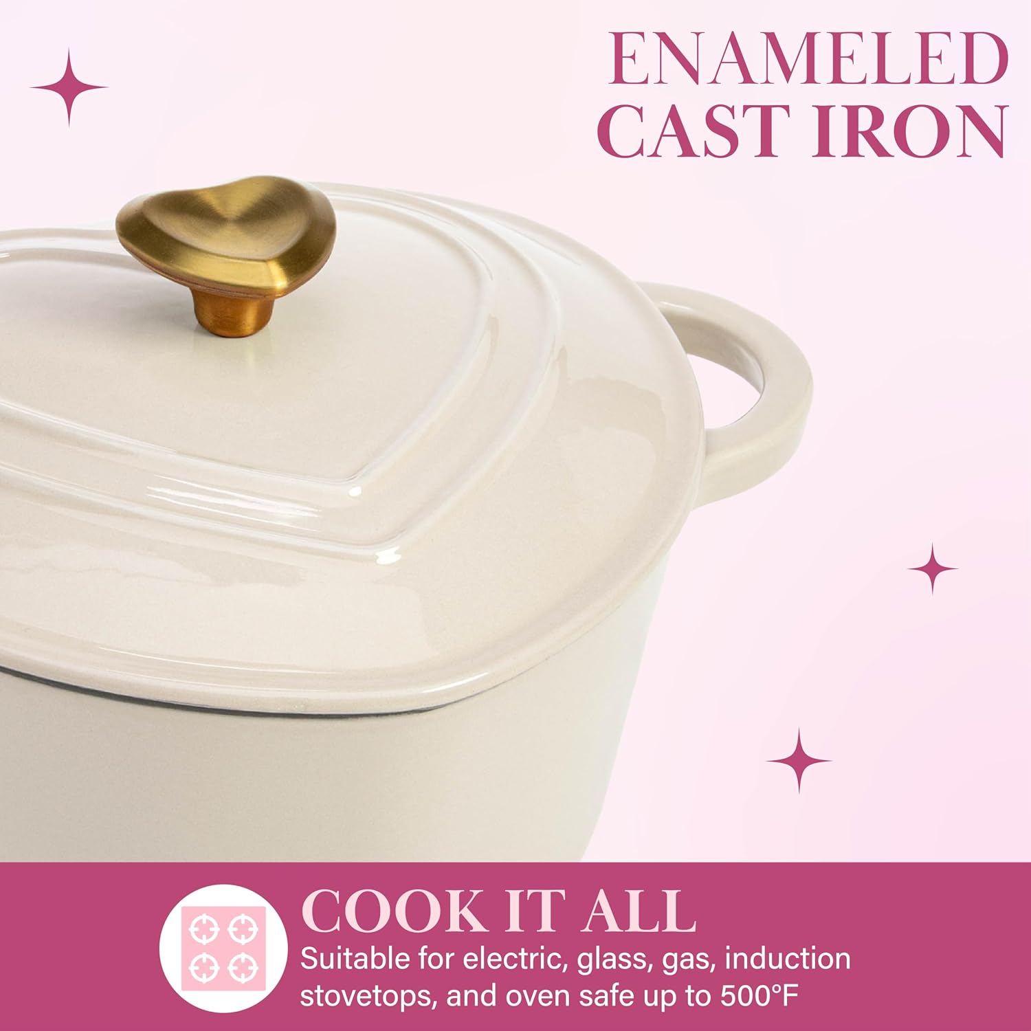 Paris Hilton Enameled Cast Iron Dutch Oven Pot with Lid, Heart-Shaped Dutch Oven, Durable Cast Iron Pot with Dual Handles, Oven Safe to 500°F, Works on All Stovetops, 2-Quart, Cream