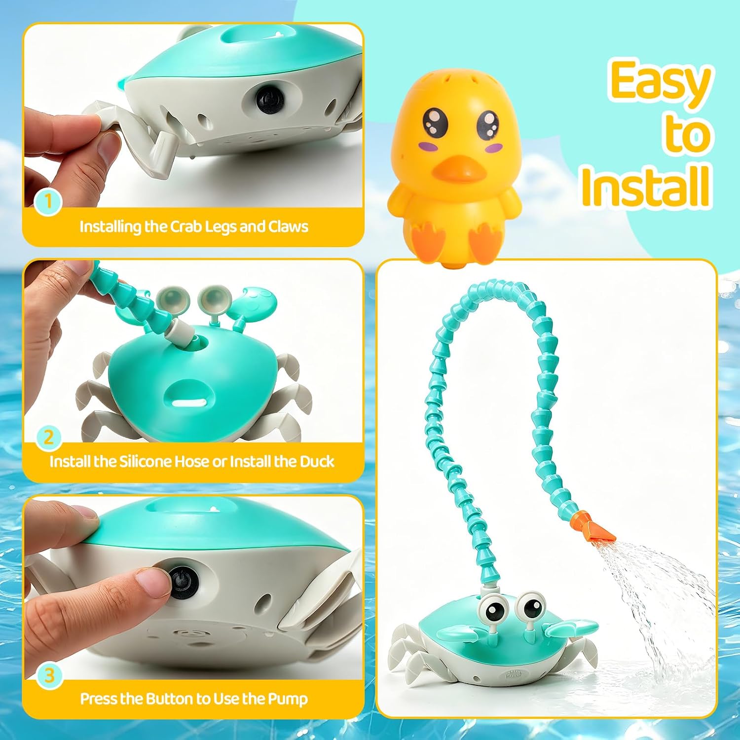 2026 Upgrade Water Table Pump, Rechargeable Crab Water Pump for Kids, Battery Powered 3 Modes Spray 2 Flow Settings, Continuous Flow 8 Hours