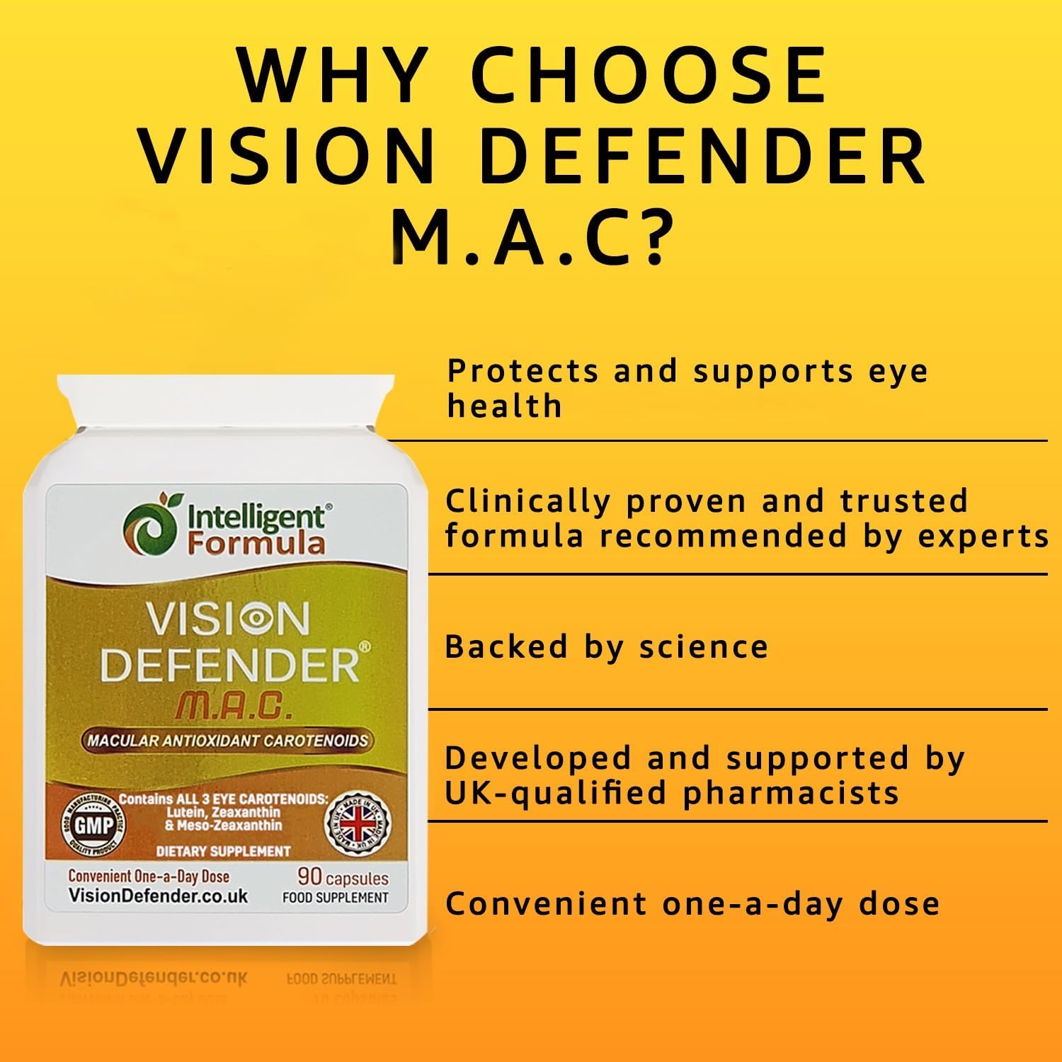 Vision Defender MAC Triple Carotenoid Eye Supplement, 3 Month 90 Capsules | Meso-Zeaxanthin, Triple Carotenoid Antioxidant, Marigold Extract