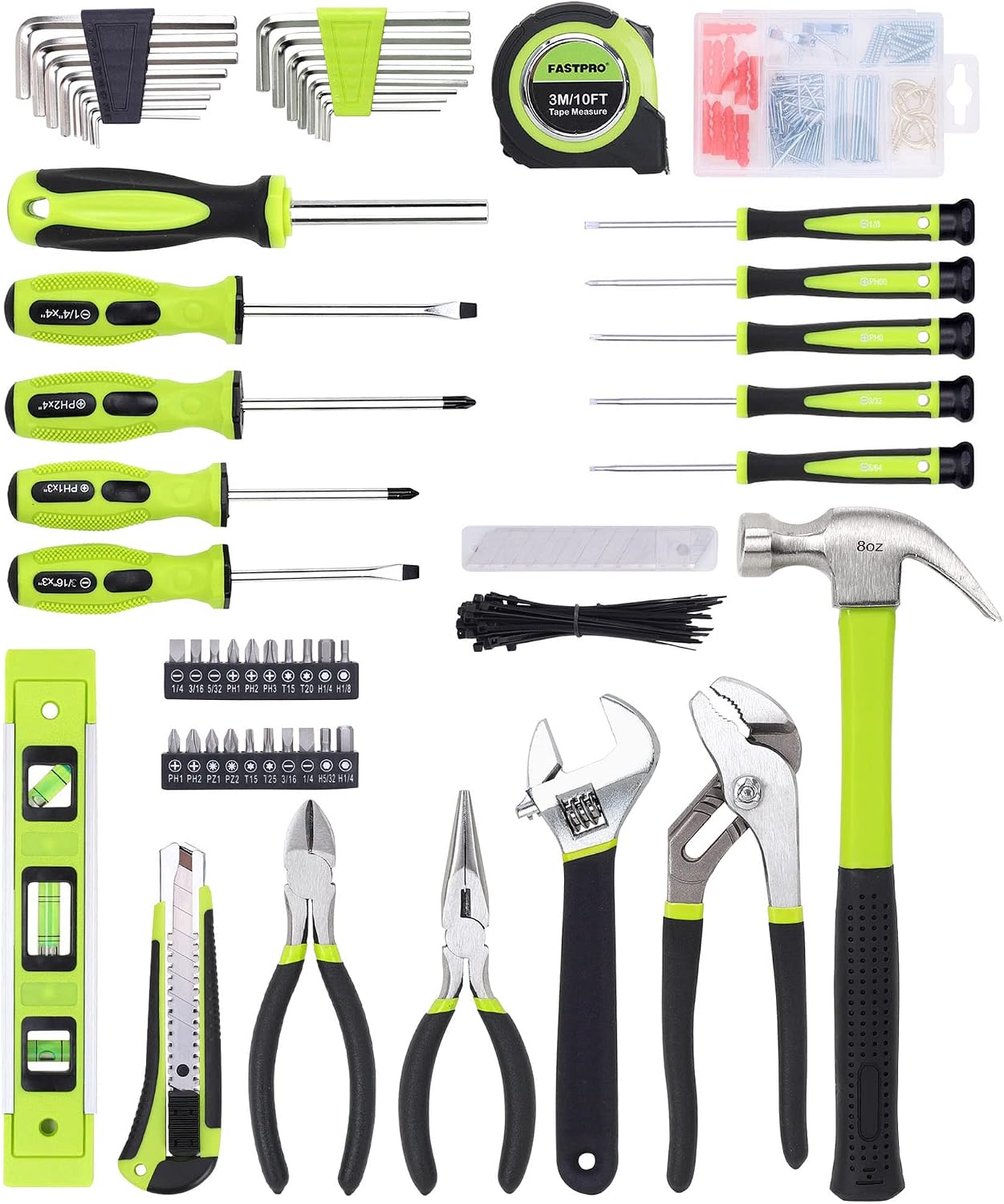 FASTPRO 215-Piece Home Repairing Tool Set with 12-Inch Wide Mouth Open Storage Bag, Household Hand Tool Kit,Red