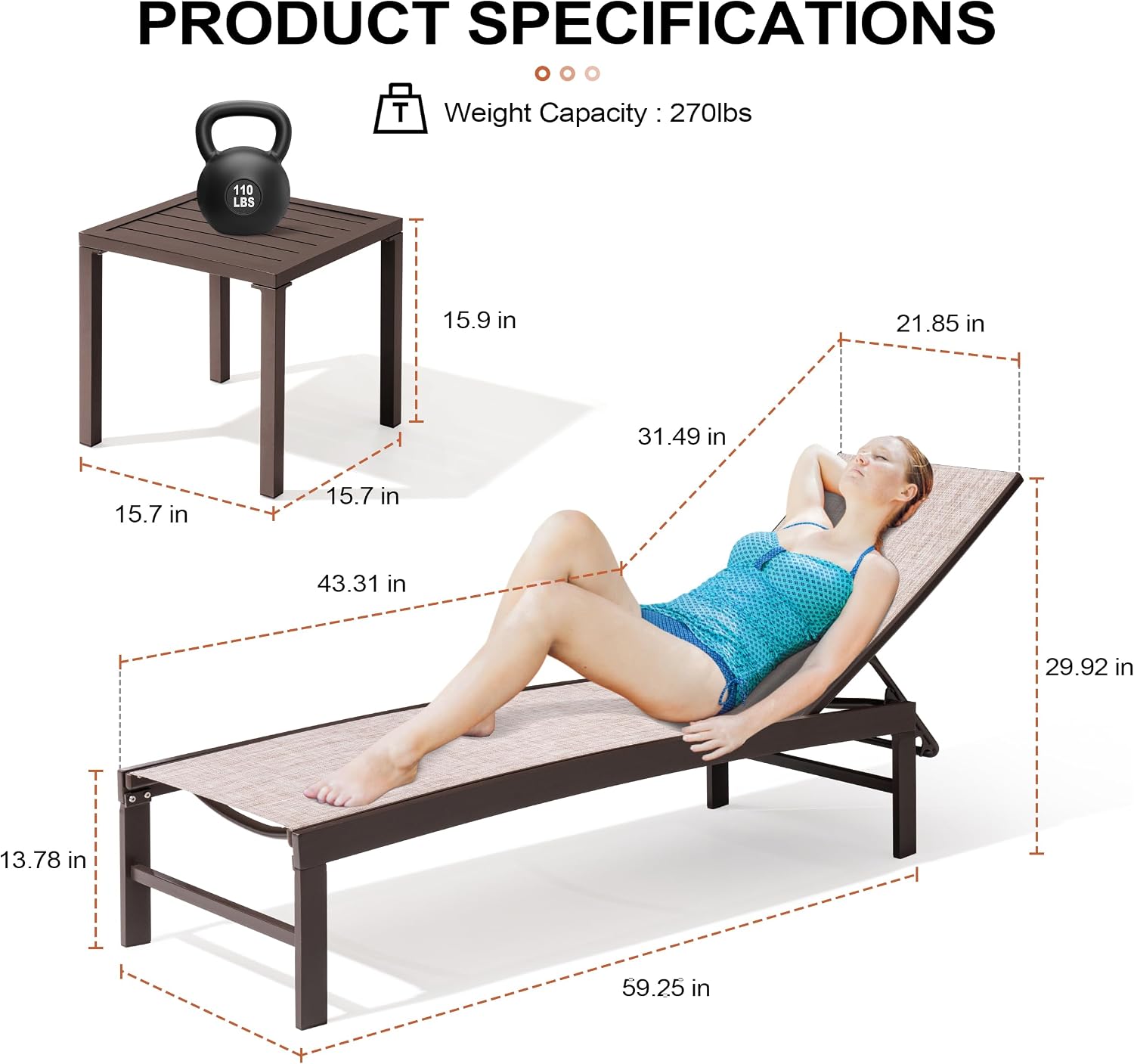 Crestlive Products Outdoor Pool Lounge Chairs Set of 2 with Side Table, Adjustable Five-Position Recliner for Beach, Pool, Sunbathing, Lawn