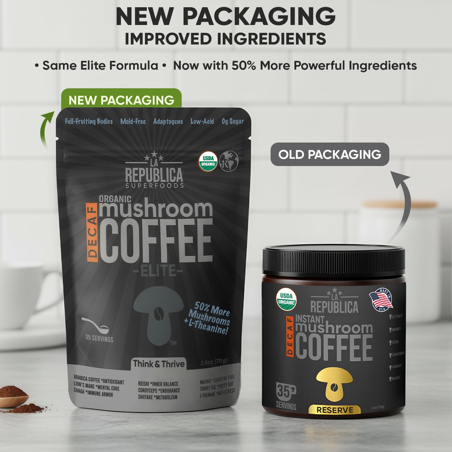 La Republica DECAF Organic Mushroom Coffee (35 Servings) with 7 Superfood Shrooms, Great Tasting Instant Mix Includes Lion's Mane, Reishi, Chaga, Cordyceps, Shiitake, Maitake, and Turkey Tail (Decaffeinated)