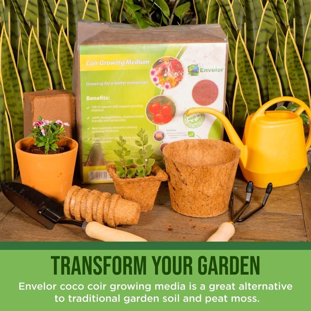 Envelor Organic Coco Coir Brick 10 Lbs. Coir Block Coconut Fiber Growing Medium Potting Soil Mix Coco Peat Media Coir Pith Indoor Outdoor Planters Vegetable Garden Beds