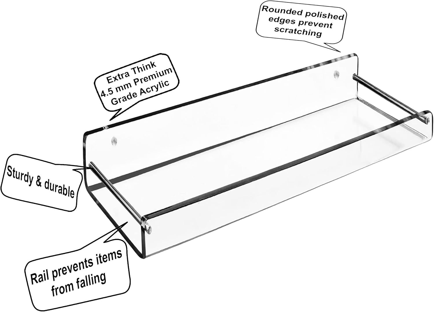 AMT 2 Pack Acrylic Floating Shelves, 15" L x 4" W, Clear Bathroom Wall, Bookshelves, Invisible Display for Office, Bedroom