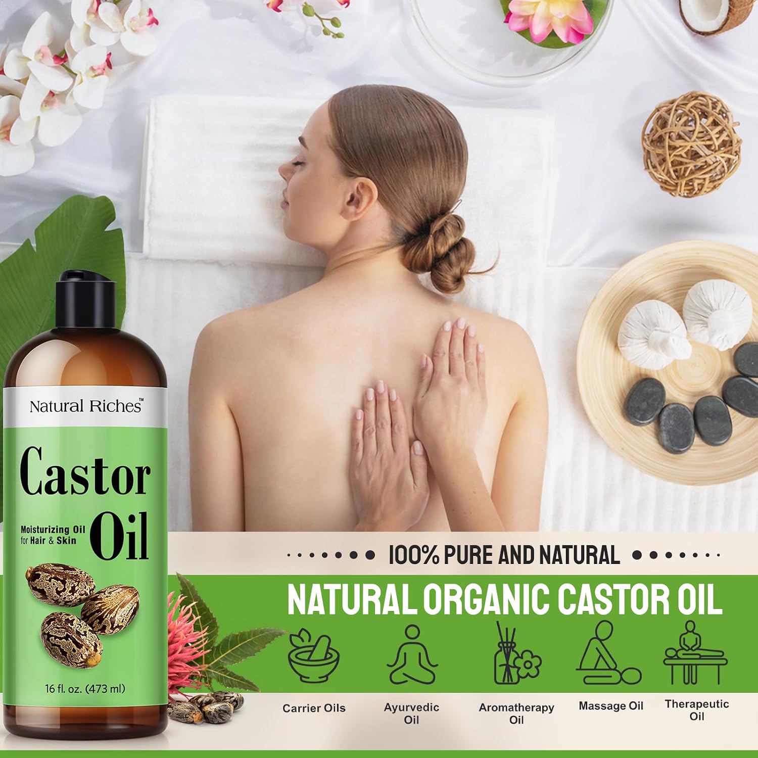 Natural Riches Castor Oil Cold pressed for Dry Skin Hair Loss Dandruff Thicker Hair - Moisturizes heals Scalp Skin Hair growth Thicker Eyelashes & Eyebrows