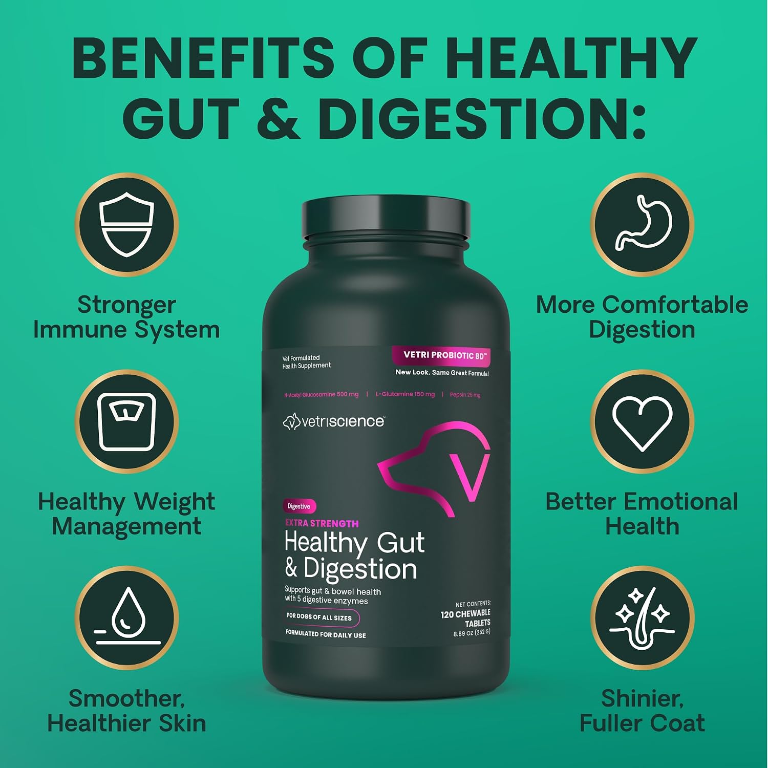 VetriScience Extra Strength Healthy Gut & Digestion Chewable Tablets, Probiotic BD Digestive Enzyme Supplement for Dogs