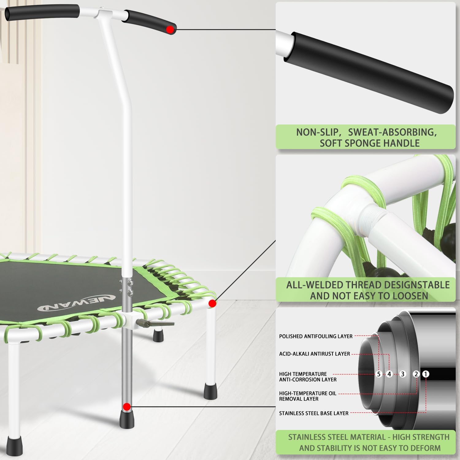 Newan 48'' Fitness Trampoline with Adjustable Handle Bar, Silent Trampoline Bungee Rebounder Jumping Cardio Trainer Workout for Adults - Max Limit 330 lbs