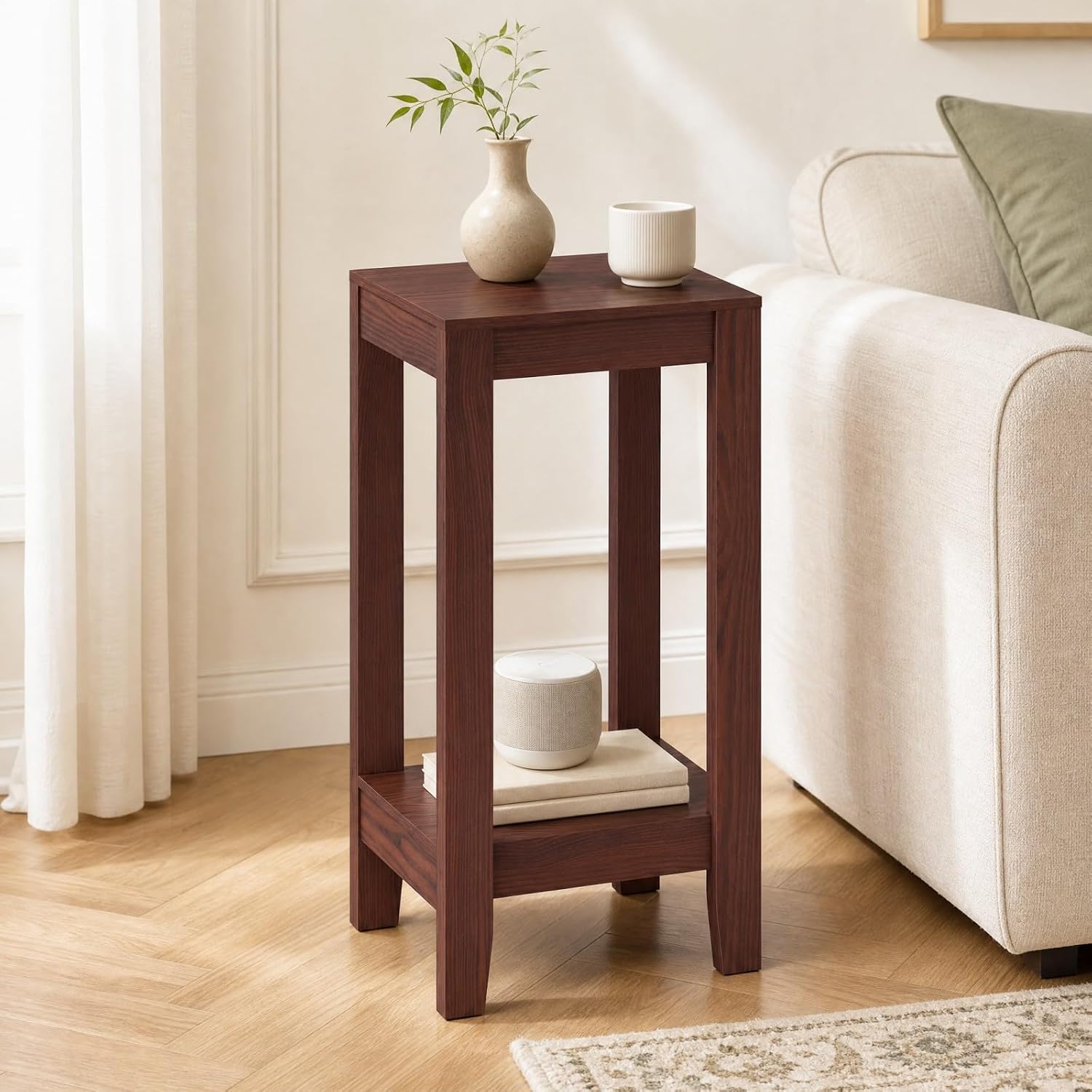 Giantex 2-Tier End Table Nightstand, Bedside Sofa Table for Living Room Bedroom, Narrow Telephone Table with Shelf and Legs for Small Spaces, Espresso