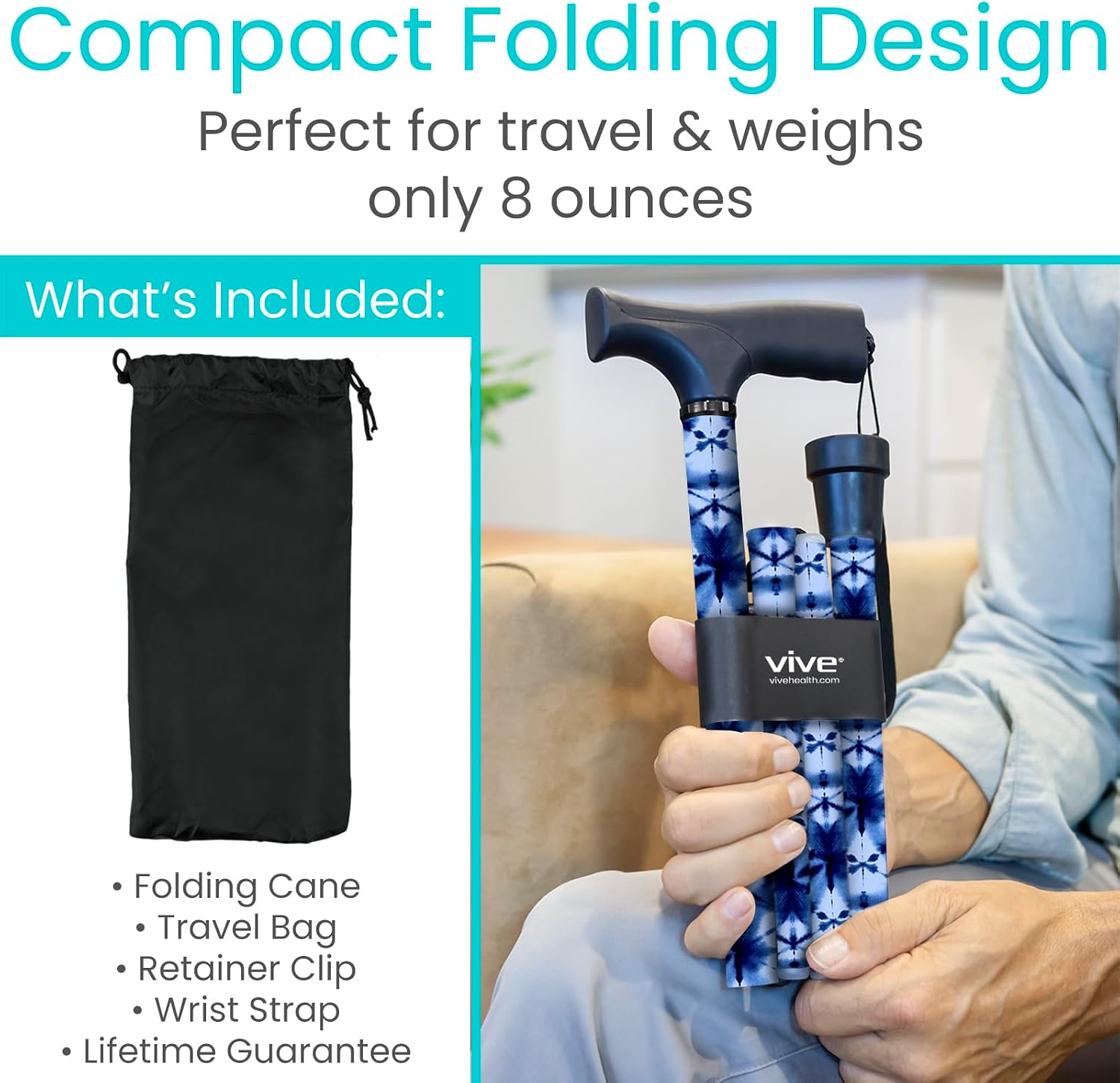 Vive Folding Cane - Foldable Walking Cane for Men, Women - Fold-up, Collapsible, Lightweight, Adjustable, Portable Hand Walking Stick - Balancing Mobility Aid - Sleek, Comfortable | Lightweight, Adjustable, Portable Hand Stick Balancing Mobility Aid Slee…