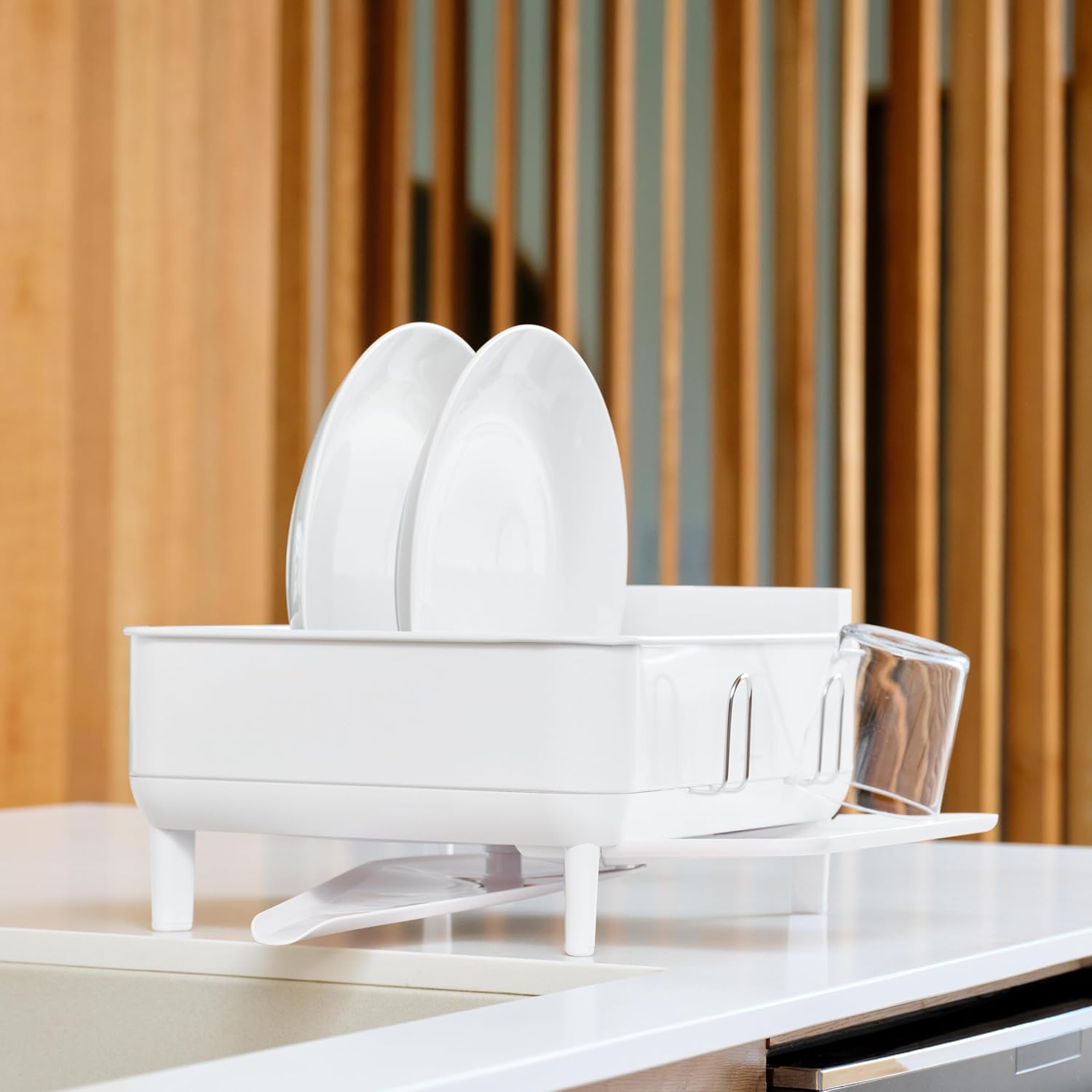 simplehuman Steel Frame Dishrack, Large Capacity Dish Drying Rack, 360º Easy Drain Swivel Spout, Utensil & Wine Glass Holder, Anti-Residue Coating