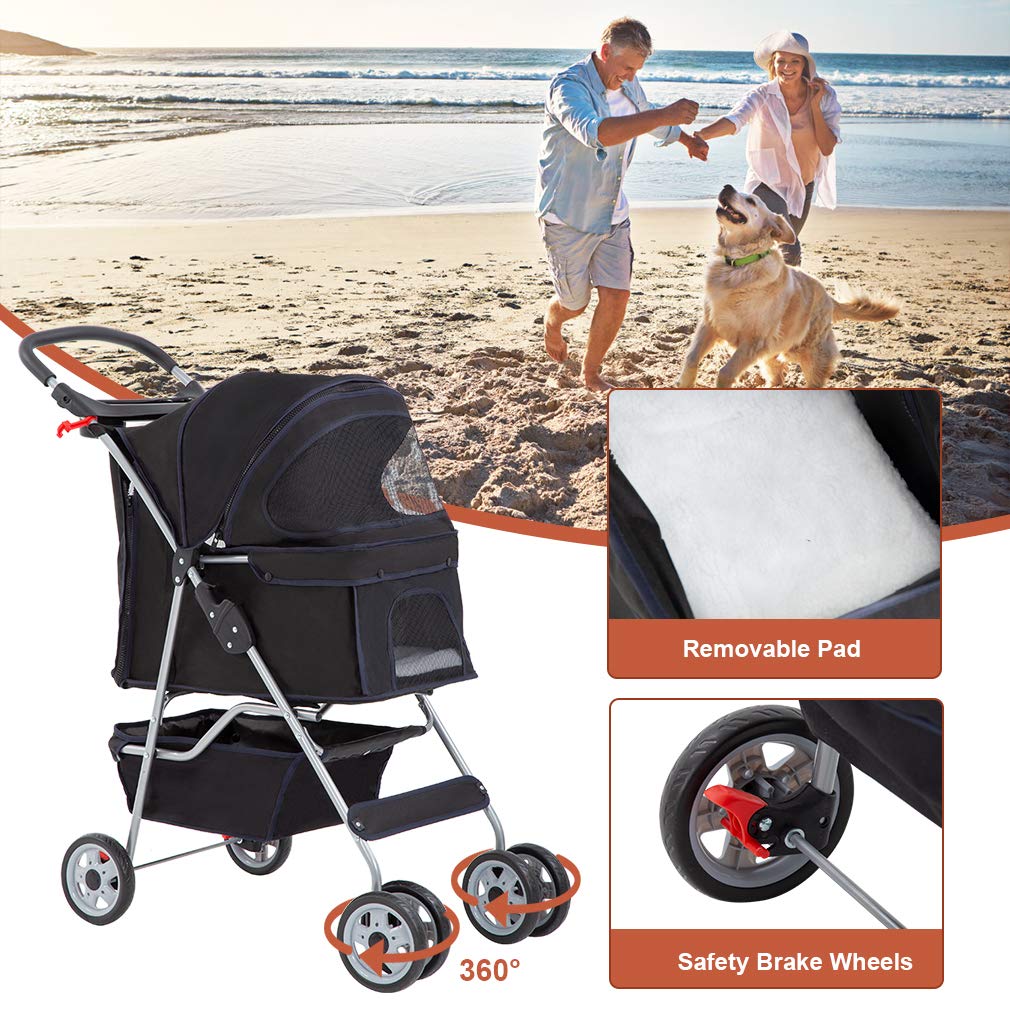 BestPet | 4-Wheel Foldable Pet Stroller | Black | Lightweight & Portable | Travel Carrier with Mesh Windows, Storage Basket, Cup Holder, Safety Brakes, and Waterproof Fabric | For Small Dogs and Cats