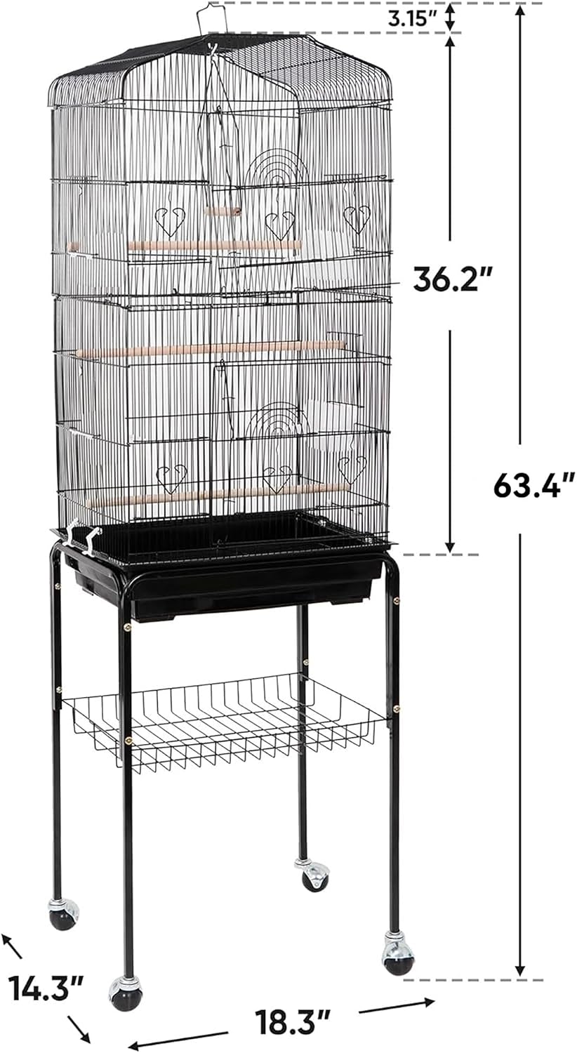 ZENY 63.4 Inch Bird Cage, Rolling Wrought Iron Parrot Cage | with Side-out Tray, Storage Shelf