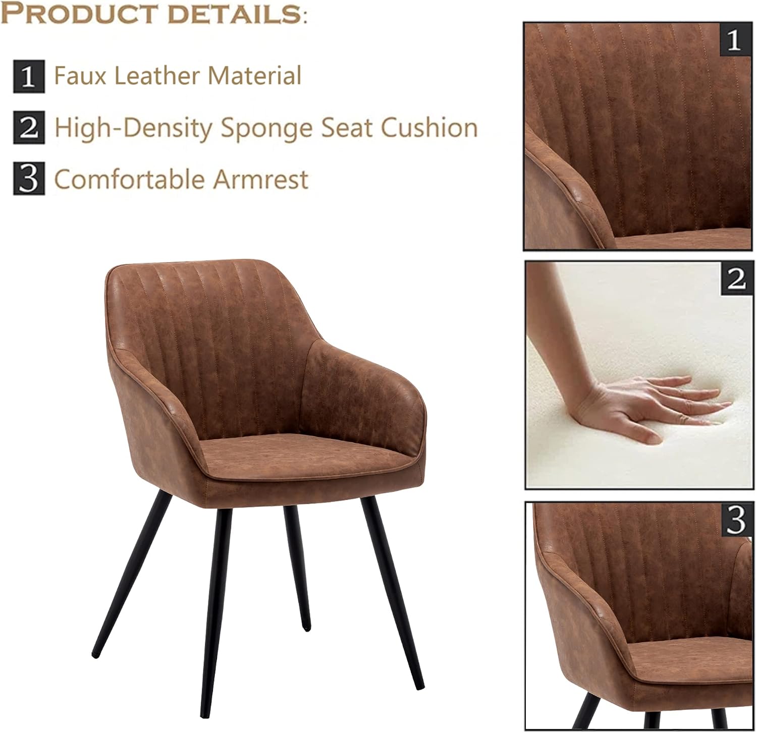annjoe Faux Leather Accent Arm Chairs for Living Room Leisures/ Upholstered Chair with Metal Legs Set of 2 for Home Kitchen Office Bistro Cafe, Brown