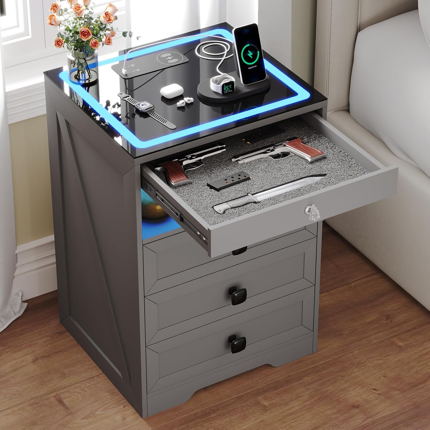 Smart LED Nightstand with Lockable Gun Drawer & Glass Top（Black） | Modern Bedside Table with Charging Station and Hidden Storage, LED Night Stand with 4 Drawers & Motion Sensor for Bedroom