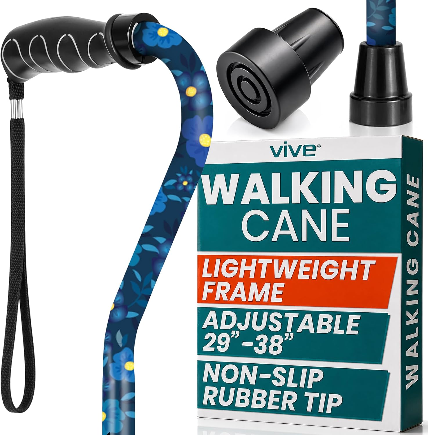 Vive Walking Cane for Women, Men, Elderly - Patented Offset Grip - Lightweight Adjustable Walking Aid with a Non-Slip Tip - Sturdy Balancing Mobility Aid for Seniors