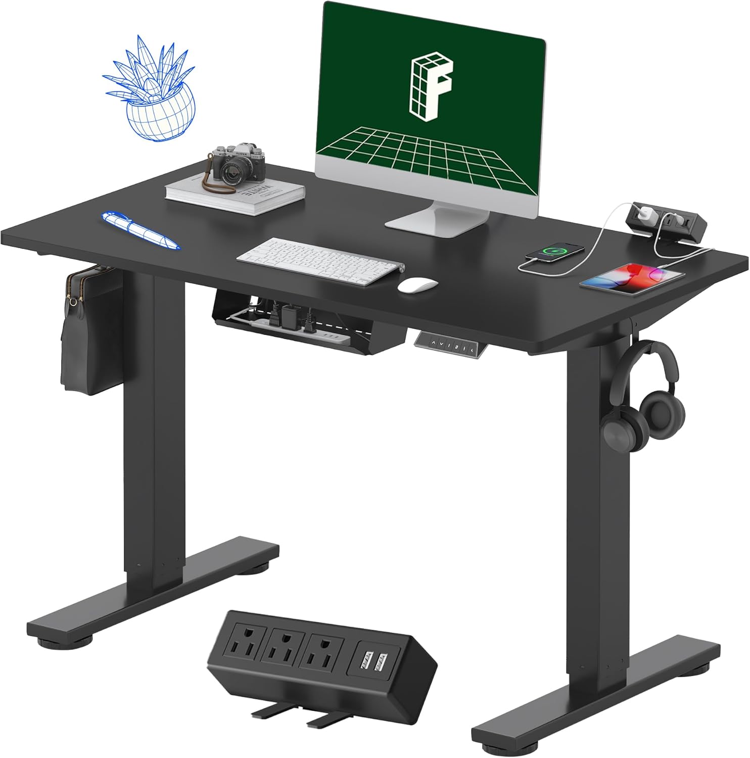 FLEXISPOT EN2 48"x24" Standing Desk with Power Strip Bundle, Black