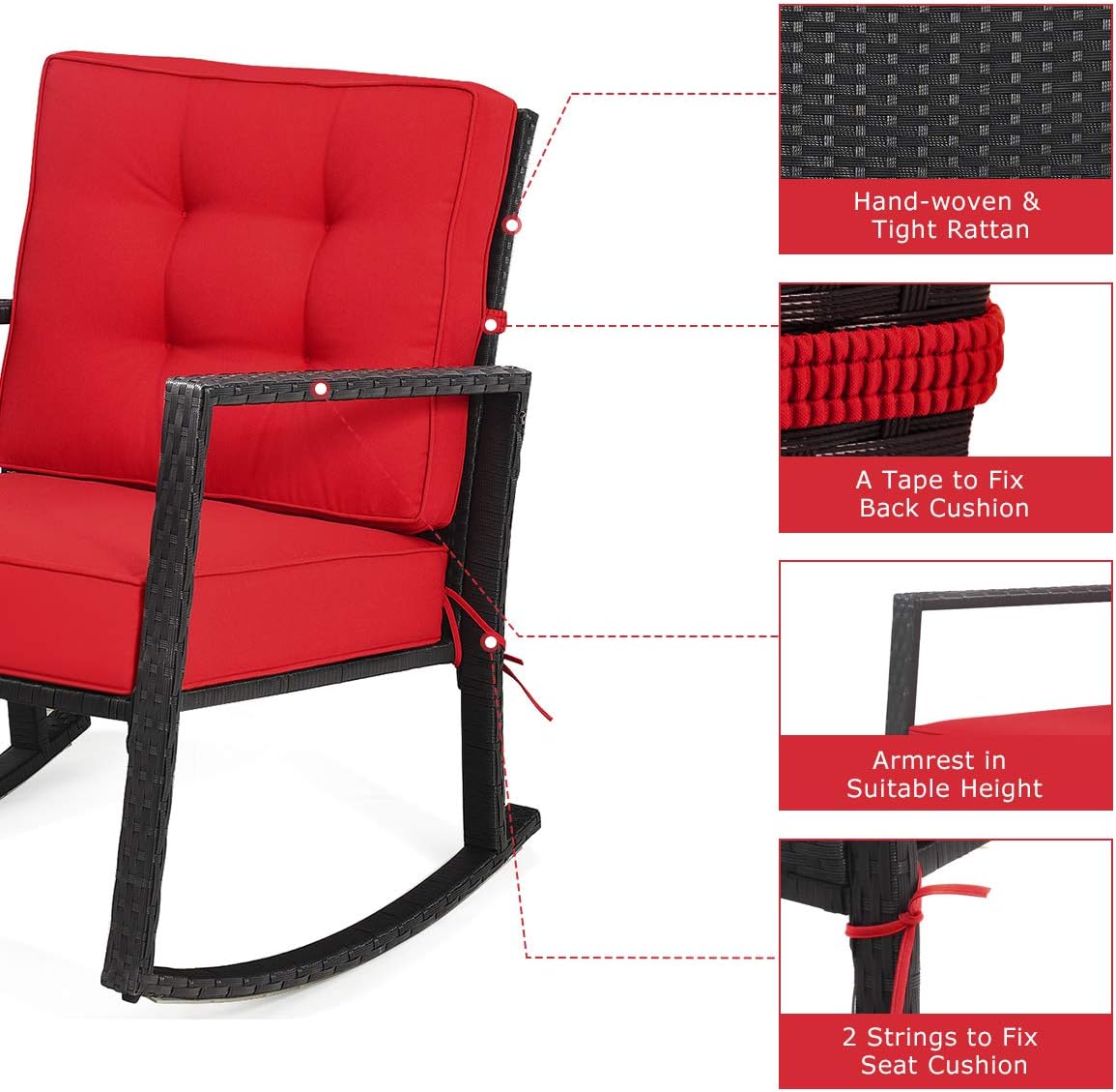 Tangkula Wicker Rocking Chair, Outdoor Glider Rattan Rocker Chair with Heavy-Duty Steel Frame