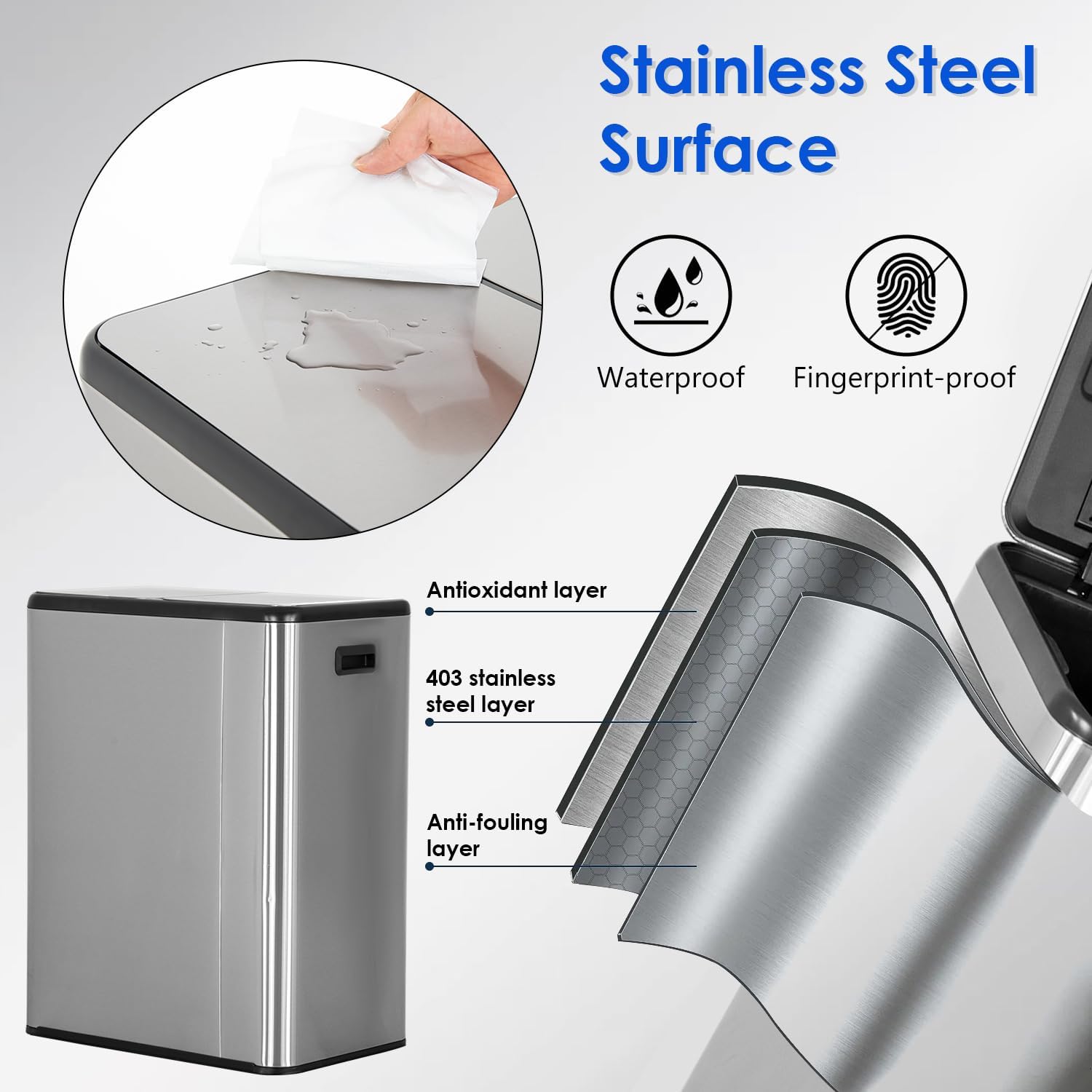 FDW | 13 Gallon Trash Can with Lid | Steel | Fingerprint-Proof | Made of Brushed Stainless Steel | Soft-Close Step Pedal | Hands-Free Use | Easy to Clean | for Kitchen, Office, Bathroom