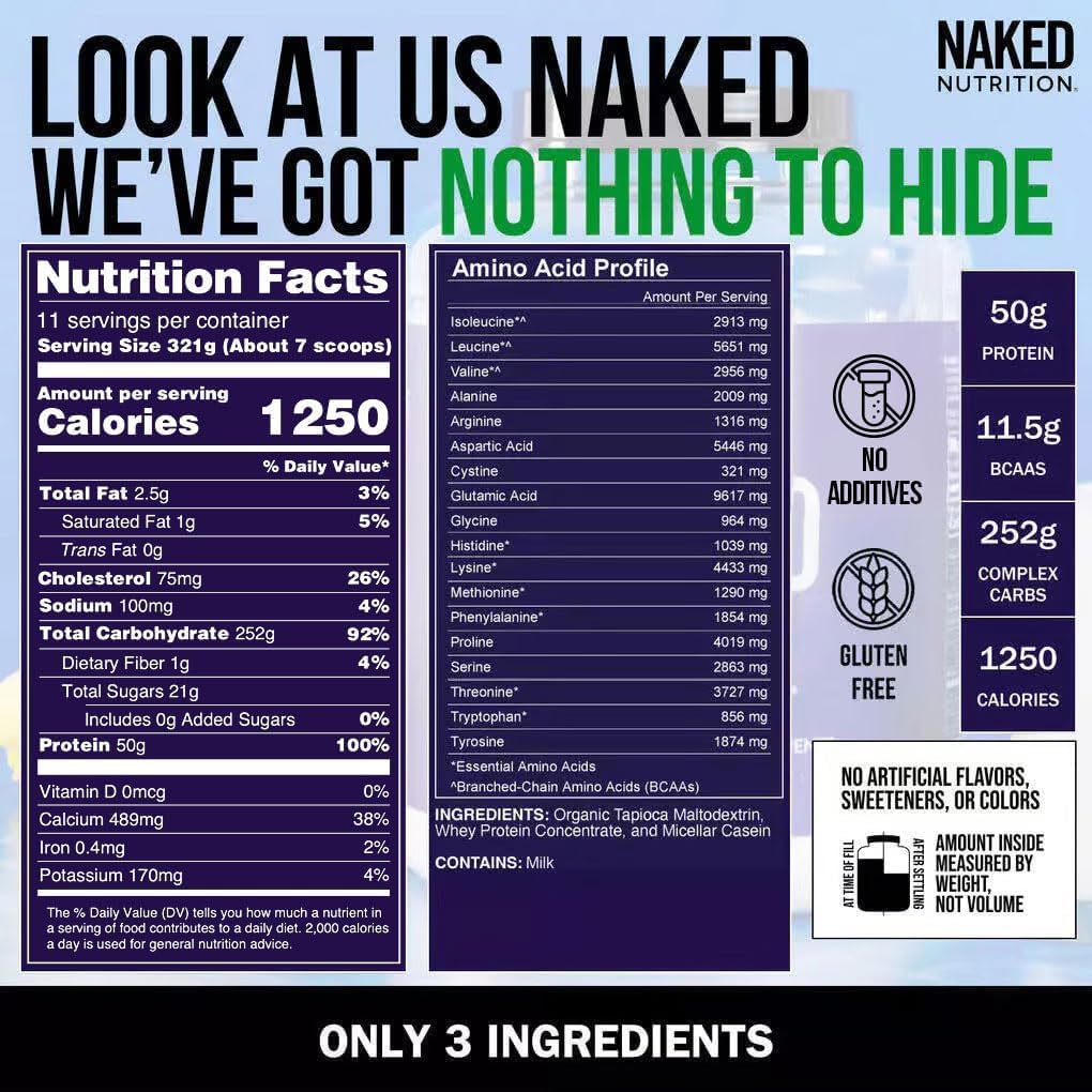 NAKED Mass - Natural Weight Gainer Protein Powder - 8 LB Bulk, NSF Certified, GMO Free, Gluten Free & Soy Free. No Artificial Ingredients - 1,250 Calories per Serving