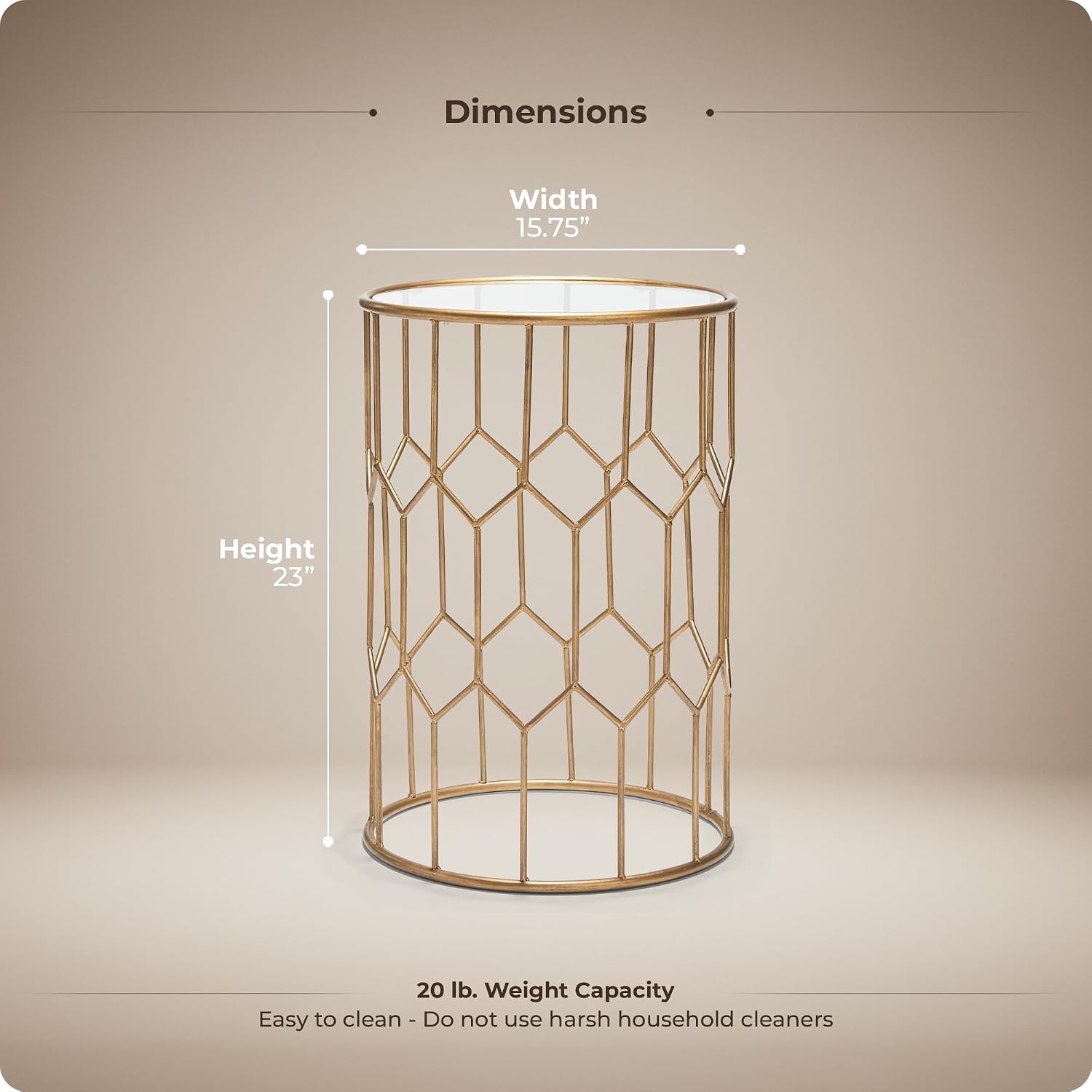 Click365 Harper Round Glass Accent Side Table, 16 Inch Modern End Table with Gold Metal Geometric Frame for Living Room, Bedroom or Small Spaces
