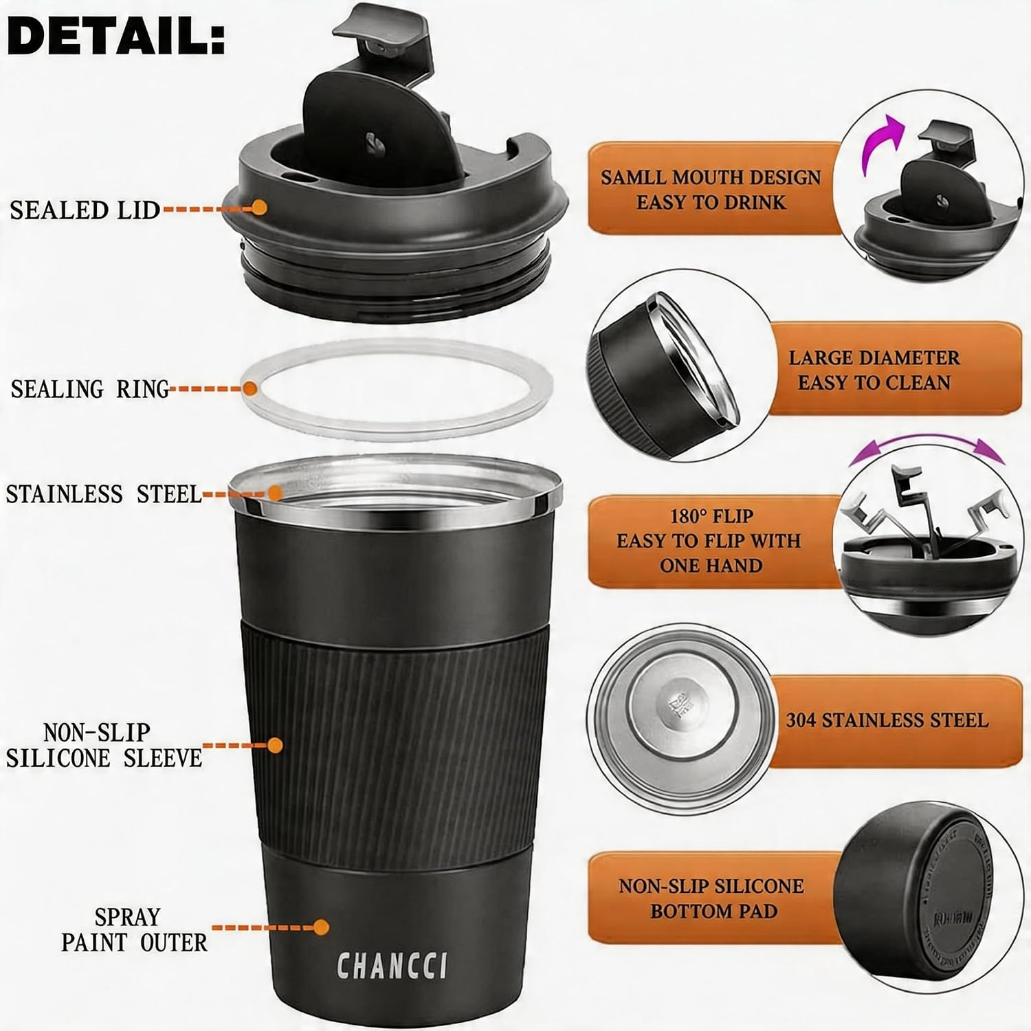 16oz Travel Coffee Mug Spill Proof, Insulated Coffee Mug with Lid, Leakproof Coffee Tumbler, Stainless Steel Vacuum Coffee Cup for Hot/Cold Drinks