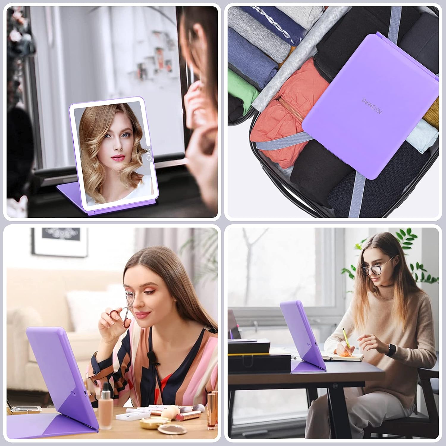 deweisn Folding Lighted Makeup Mirror with 72 LEDs 3 Colors Light Modes USB Rechargable 1800mA Batteries Portable Ultra Thin Compact Vanity Mirror
