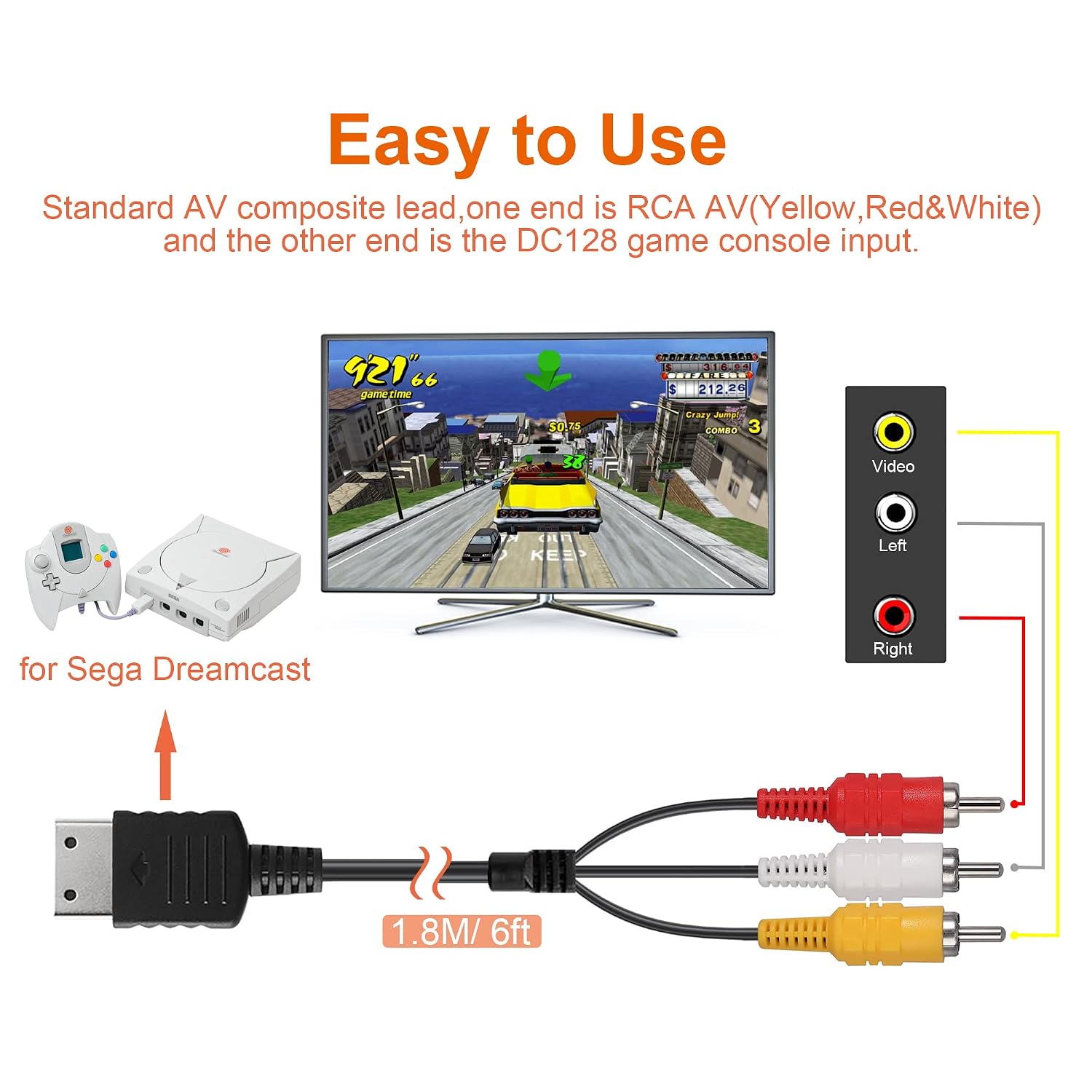 Power Cord and AV Cable for Dreamcast, 2 Prong Power Supply & Audio Video RCA AV Cable Compatible with Sega Dreamcast DC Console