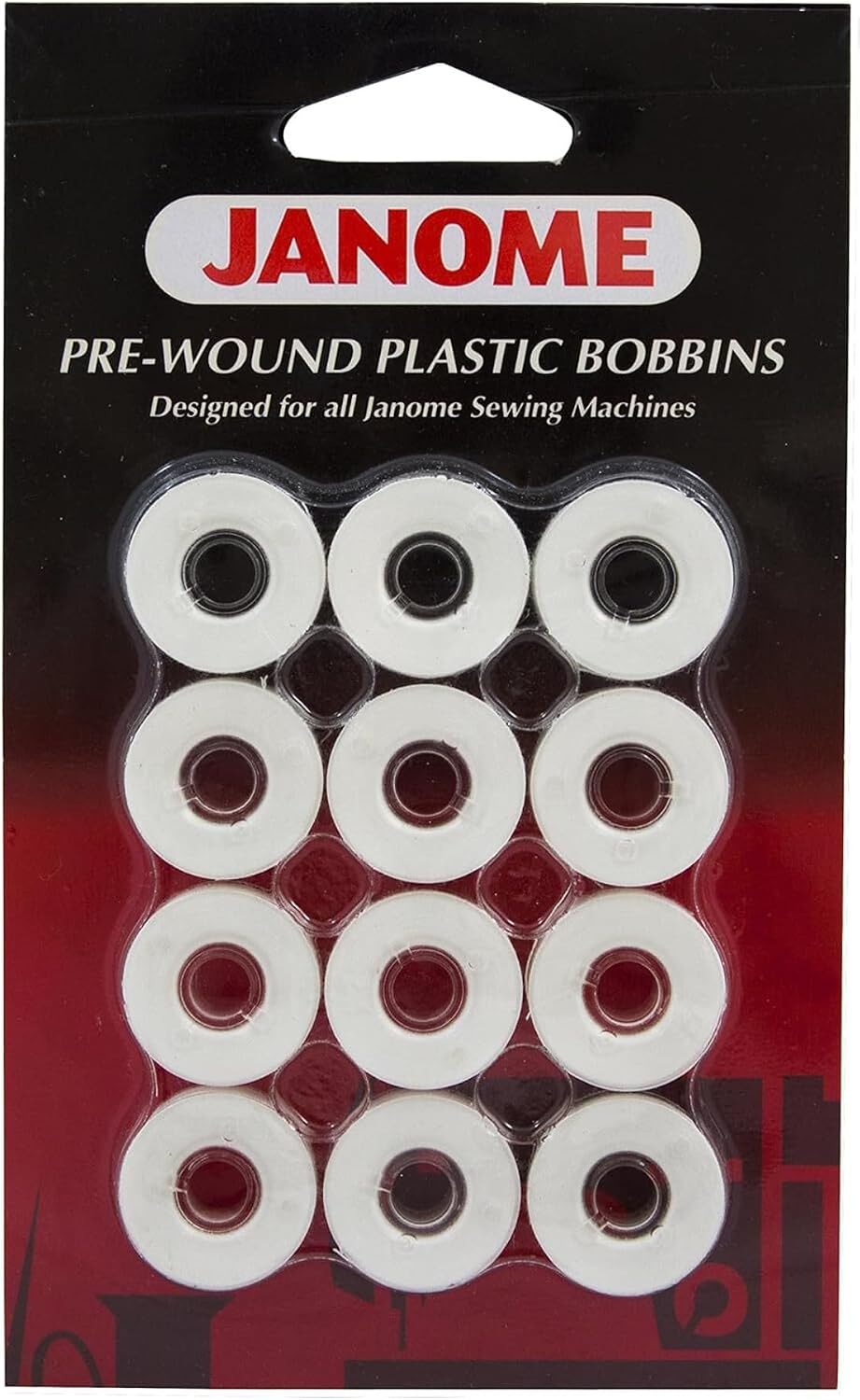 Janome 12 Pack Pre-Wound Plastic Bobbins Thread 80 Yards Polyester (White) | Includes 12 in a portable pack
