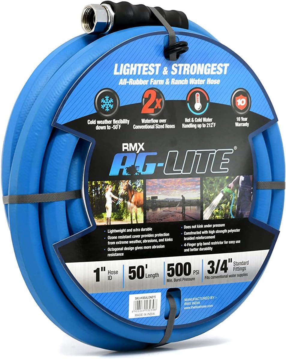 AG-LITE BSALONE50 1" x 50' Hot/Cold Water Rubber Garden Hose, 100% Rubber, Ultra-Light, Super Strong, 500 PSI, 50F to 190F Degrees