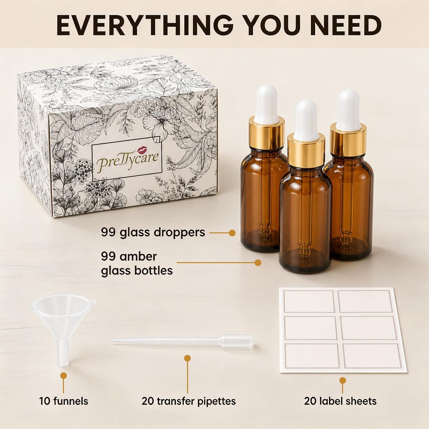 PrettyCare Glass Eye Dropper Bottles 99 Pack
