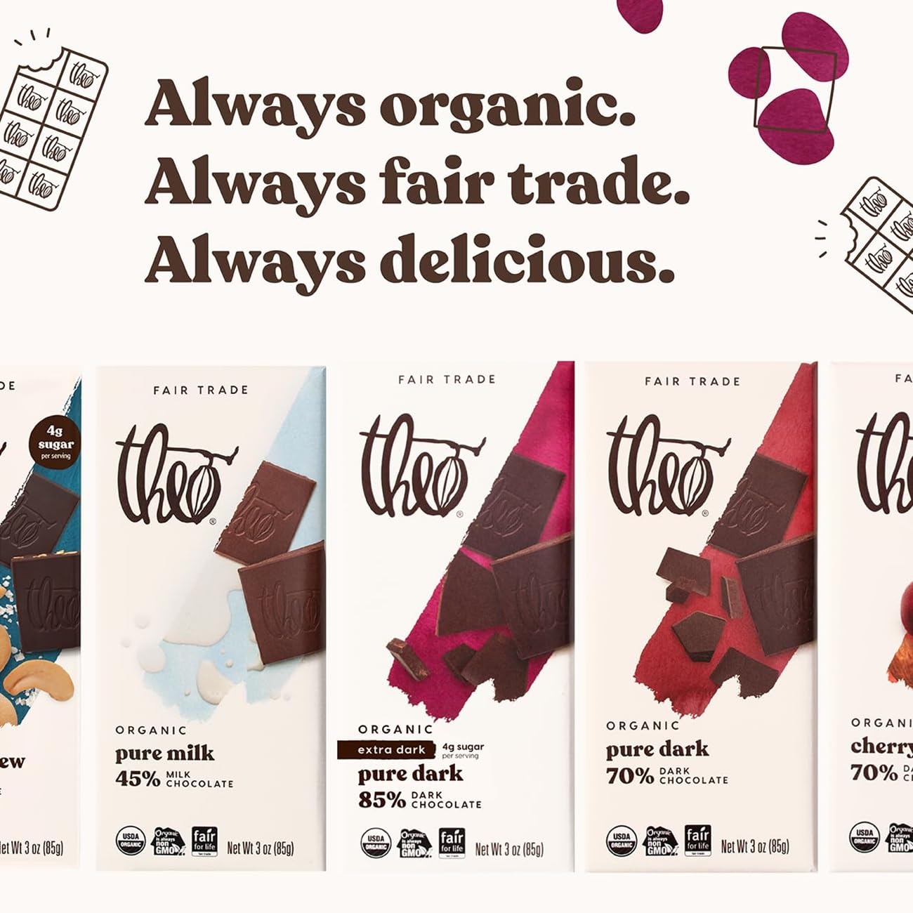 Theo Chocolate Pure Organic Dark Chocolate Bar 85% Cacao, 12 Pack | Vegan, Fair Trade