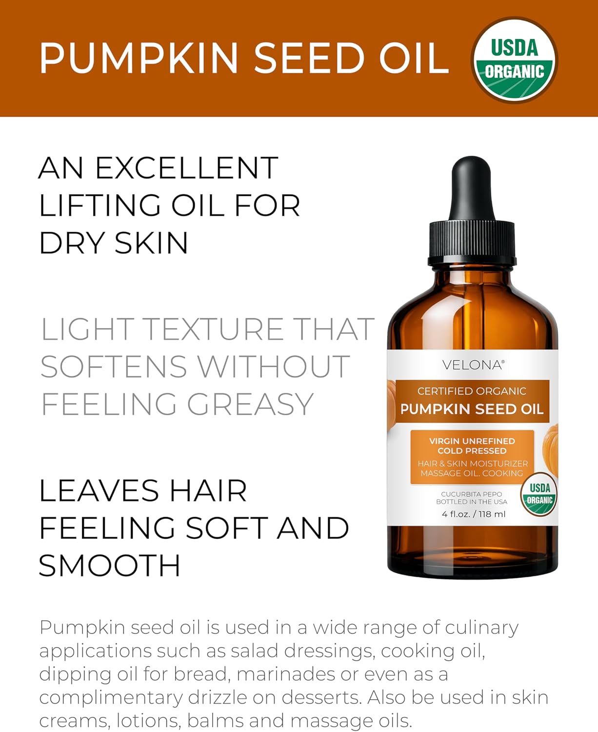 velona Pumpkin Seed Oil USDA Certified Organic - 4 Fl Oz | 100% Pure and Natural Carrier Oil | Unrefined, Cold Pressed | Cooking, Face, Hair