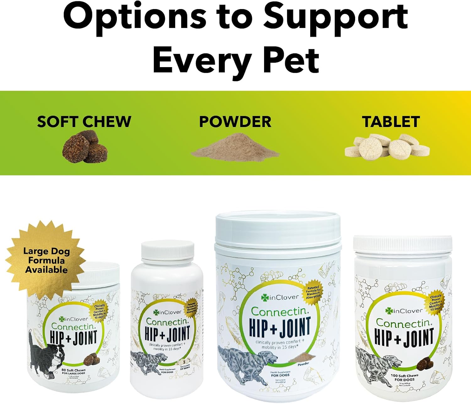InClover Connectin Hip and Joint Supplement for Dogs - Glucosamine, Chondroitin and Hyaluronic Acid - Soft Chews for Dog Joint Mobility and Comfort Support - 100 Count