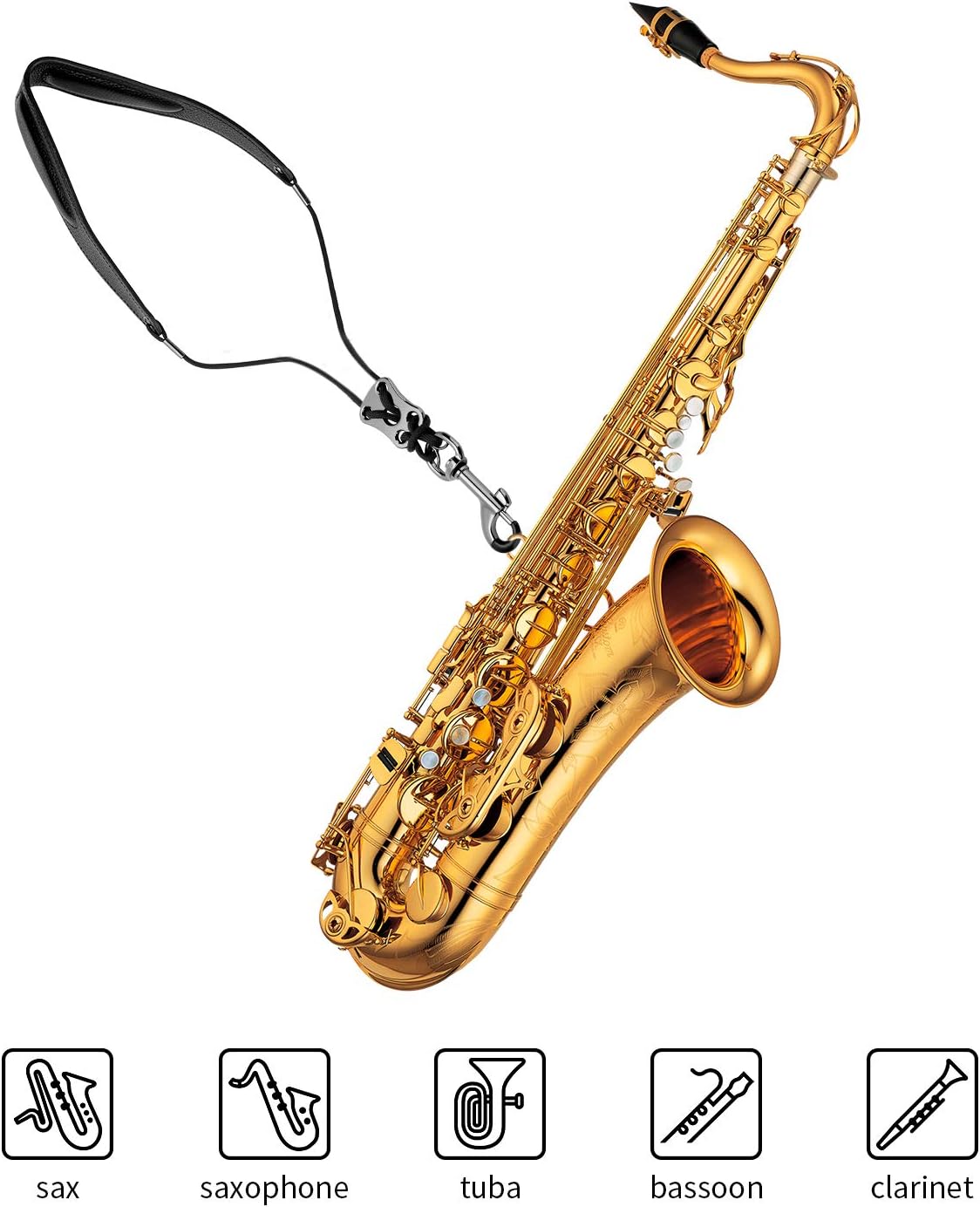 BestSounds Rinastore Saxophone Strap Genuine Leather Sax Neck Strap with Soft Thick Pad for Soprano Tenor Alto Sax and Clarinets Oboes1