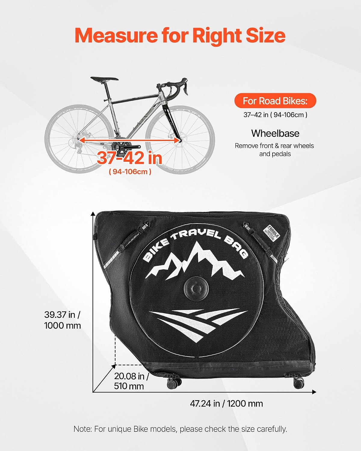 VEVOR Bike Travel Bag, Road Bike Bag Road Bicycle Storage Carry with TSA Lock & Dual Zipper for Air Travel, Outdoor Use, Airplane, Car, Train, Subway Transport