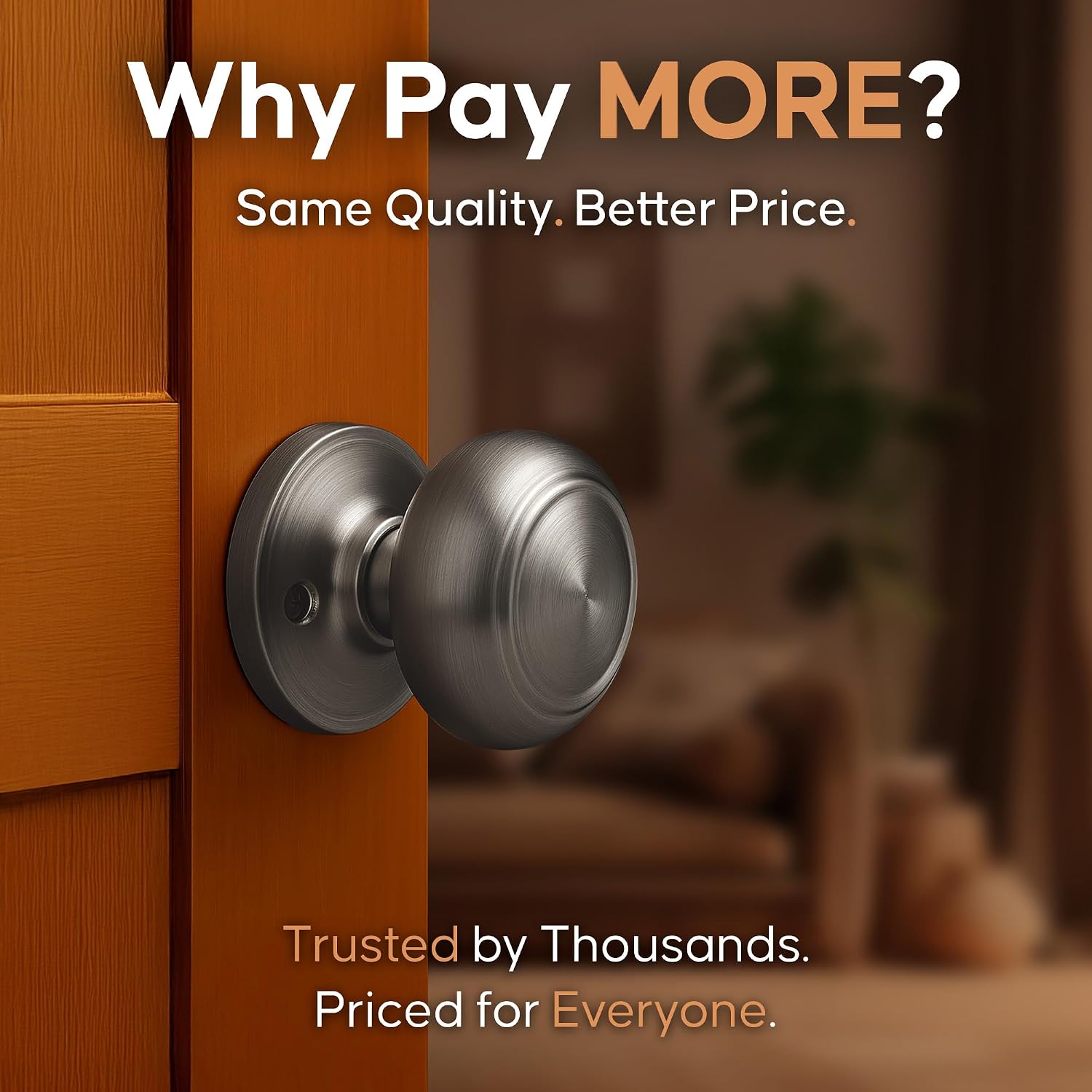 Copper Creek Colonial Privacy Interior Door Knob – ANSI Grade-3 Certified, Modern Heavy Duty Handle, Easy Install and Reversible for Bedroom, Bathroom and Closets – Satin Stainless (1 Pack)