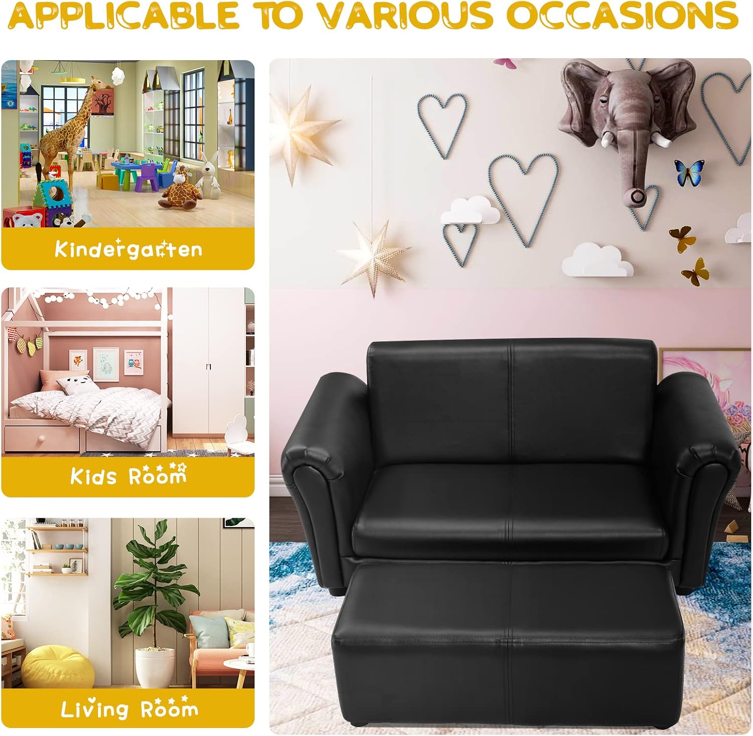 HONEY JOY Kids Sofa, 2 Seat Toddler Couch Lounge Bed with Ottoman, Sturdy Wood Construction