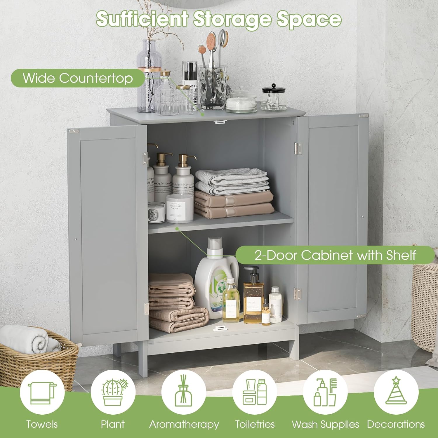 GLACER Bathroom Floor Cabinet, Wooden Storage Cabinet (White)