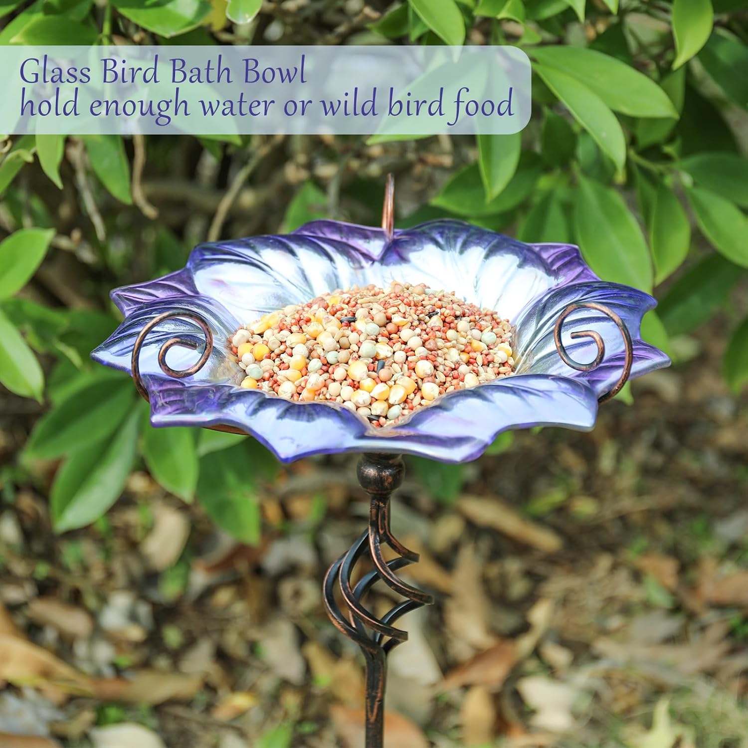 VCUTEKA Glass Bird Bath Outdoor Birdfeeder with Metal Stake Garden Decor