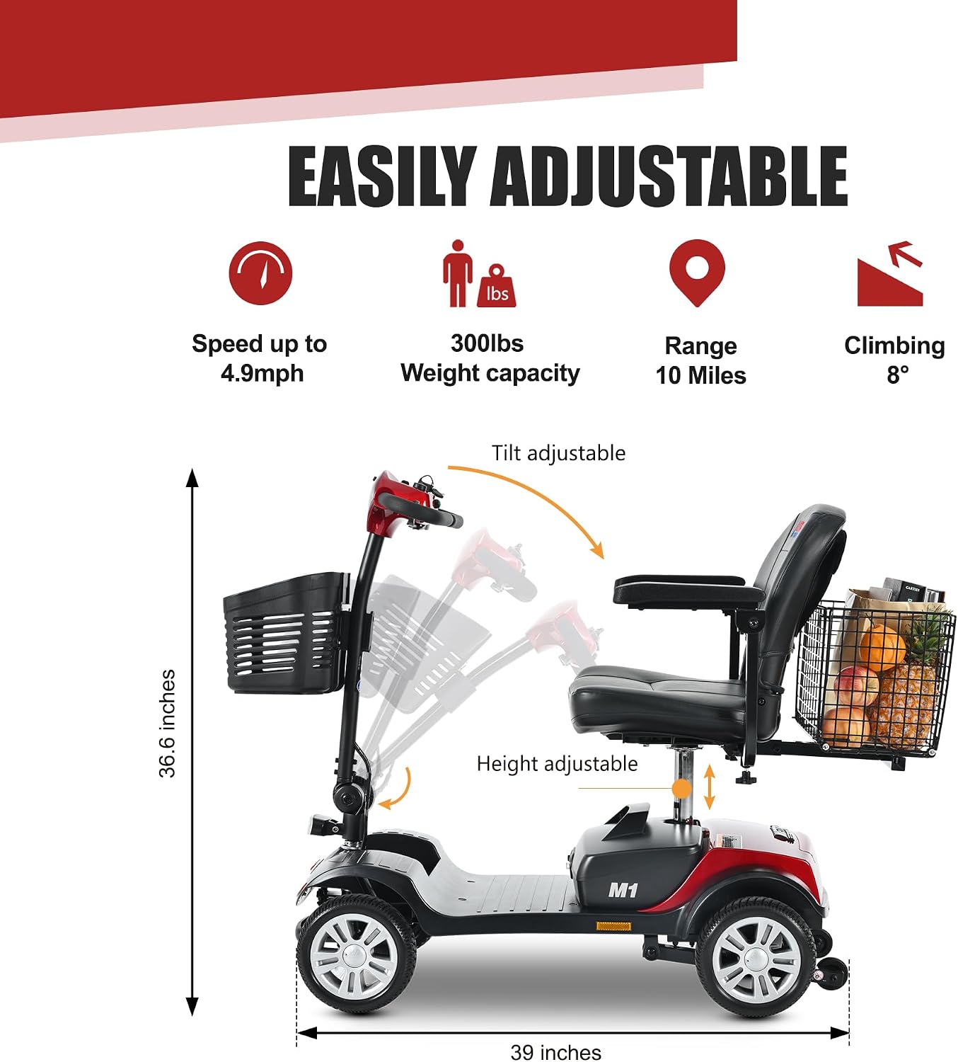 Metro Mobility 4 Wheel Foldable Mobility Scooter for Adults - 300 lbs Capacity Electric Mobility Scooters for Seniors - Long Range Power Extended